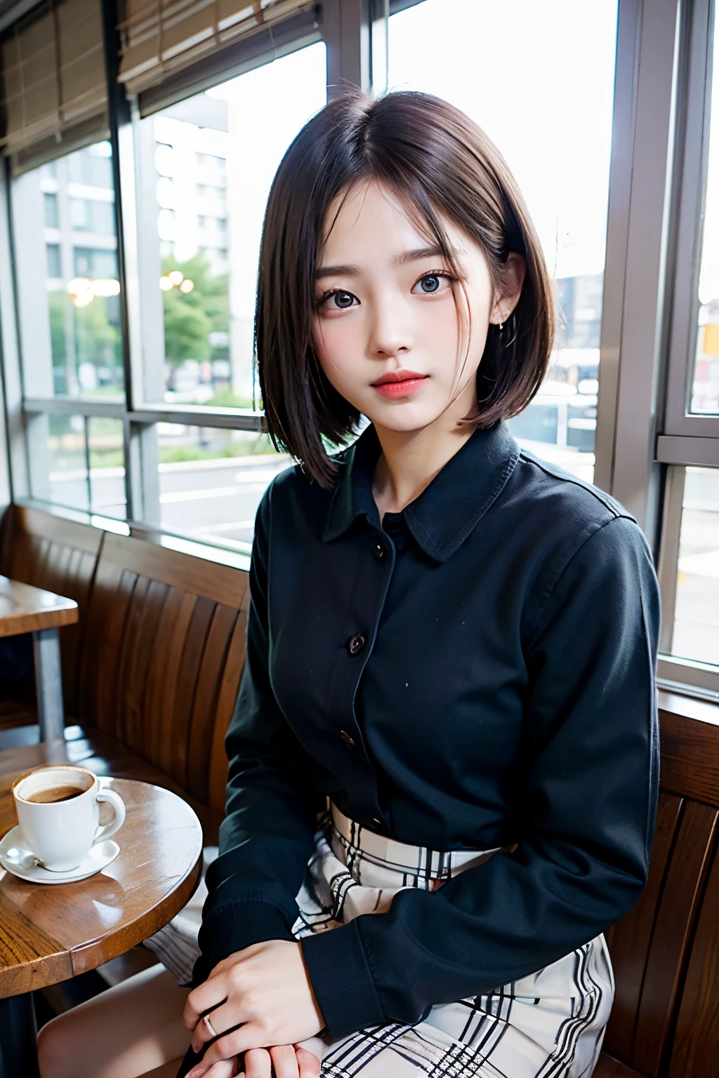 (8K、Raw photography、top-quality、masterpiece:1.2)、(realisitic、Photorealsitic:1.37)、1 girl in、17 only、cute little、adolable、(blue eyess)、(Shy smile:0.4)、(独奏)、详细的脸、oval-face、Thin almond eyes、(Brown hair shorthair:1.3)、Hair over one eye、A slender、medium breasts、Collared shirt、Dramatic Angle、tilt of the head、fluorescent lamp、Inside the coffee shop、Sitting by the window、small head、(Facing the other side)、teens girl、piercings