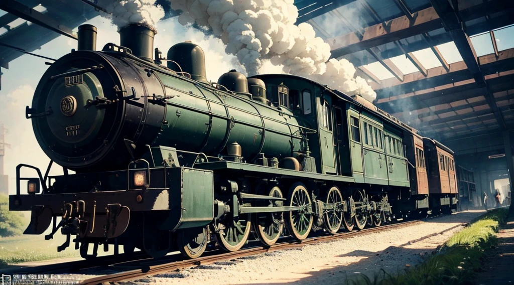 （In the starry sky）,（ in the cosmos），The locomotive emerges from the center, puffing smoke.. The scene is like a movie scene. . . (Best quality at best,4K,8K,A high resolution,tmasterpiece:1.2), ultra - detailed, actual, Realistic style artwork captures all the intricate details. [Surreal atmosphere], [misty environment], [Rustic charm], [peaceful scenery], [Traditional Japanese aesthetics], [vintage locomotive], [Fantastical Atmosphere], [Majestic moonshine], [Impressive smoke effects], [Mysterious shadows], [Charming composition], [Fine lines], [Impressive shades], [Carefully incubated], [artistic perspective], [subtletextures], [Complex machinery], [Locomotive details], [Effortless elegance].