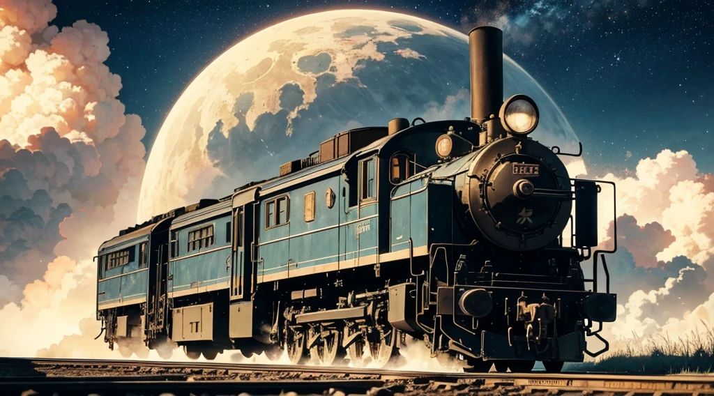 （In the starry sky）,（ in the cosmos），The locomotive emerges from the center, puffing smoke.. The scene is like a movie scene. . . (Best quality at best,4K,8K,A high resolution,tmasterpiece:1.2), ultra - detailed, actual, Realistic style artwork captures all the intricate details. [Surreal atmosphere], [misty environment], [Rustic charm], [peaceful scenery], [Traditional Japanese aesthetics], [vintage locomotive], [Fantastical Atmosphere], [Majestic moonshine], [Impressive smoke effects], [Mysterious shadows], [Charming composition], [Fine lines], [Impressive shades], [Carefully incubated], [artistic perspective], [subtletextures], [Complex machinery], [Locomotive details], [Effortless elegance].