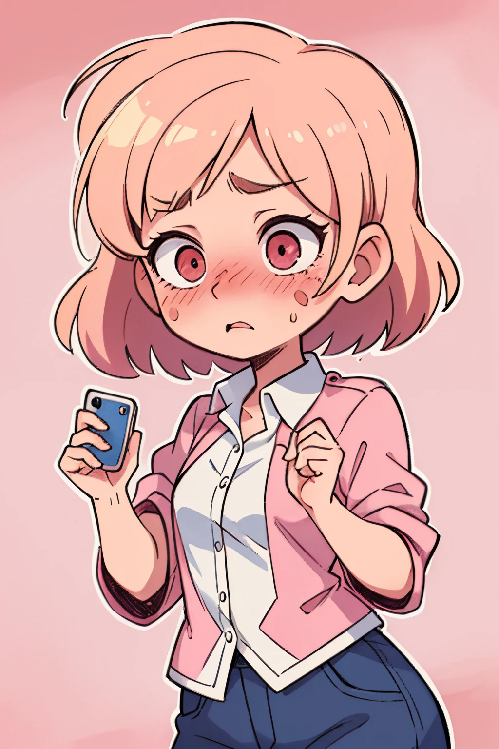 ((best quality, masterpiece)), ((die-cut sticker)), [(simple background:1.3),::5], (solid outline:1.2), chibi, 1girl, Pink button up, make up, eyeliner , short blonde hair, messy hair with brown roots, pink cellphone in her hand, ((confused, dazed, hypnotized, embarrassed, blush):1.1),