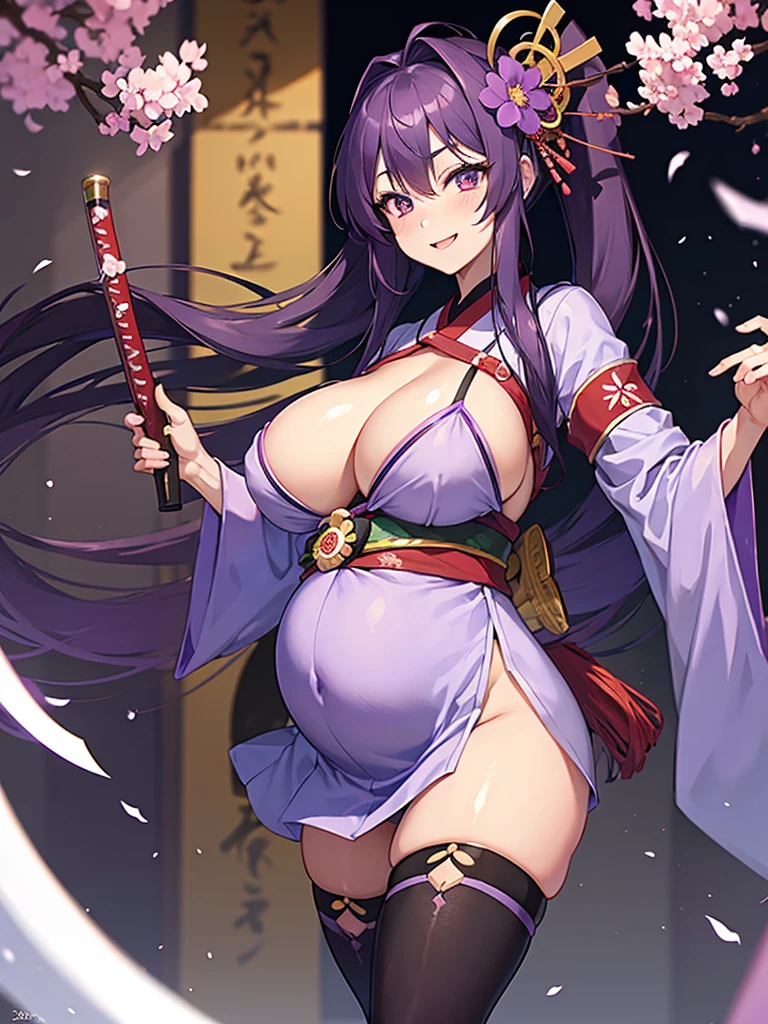 masterpiece,shogun, 1girl, solo, long hair, looking at viewer, hair ornament, thighhighs, holding, purple eyes, weapon, purple hair, flower, sword, holding weapon, blurry, sash, mole under eye, holding sword, stairs, purple flower, vision,pregnant belly,smile,jumping,(high quality),2k,(huge breasts 5.0),insane quality,hentai,naked,ahegao