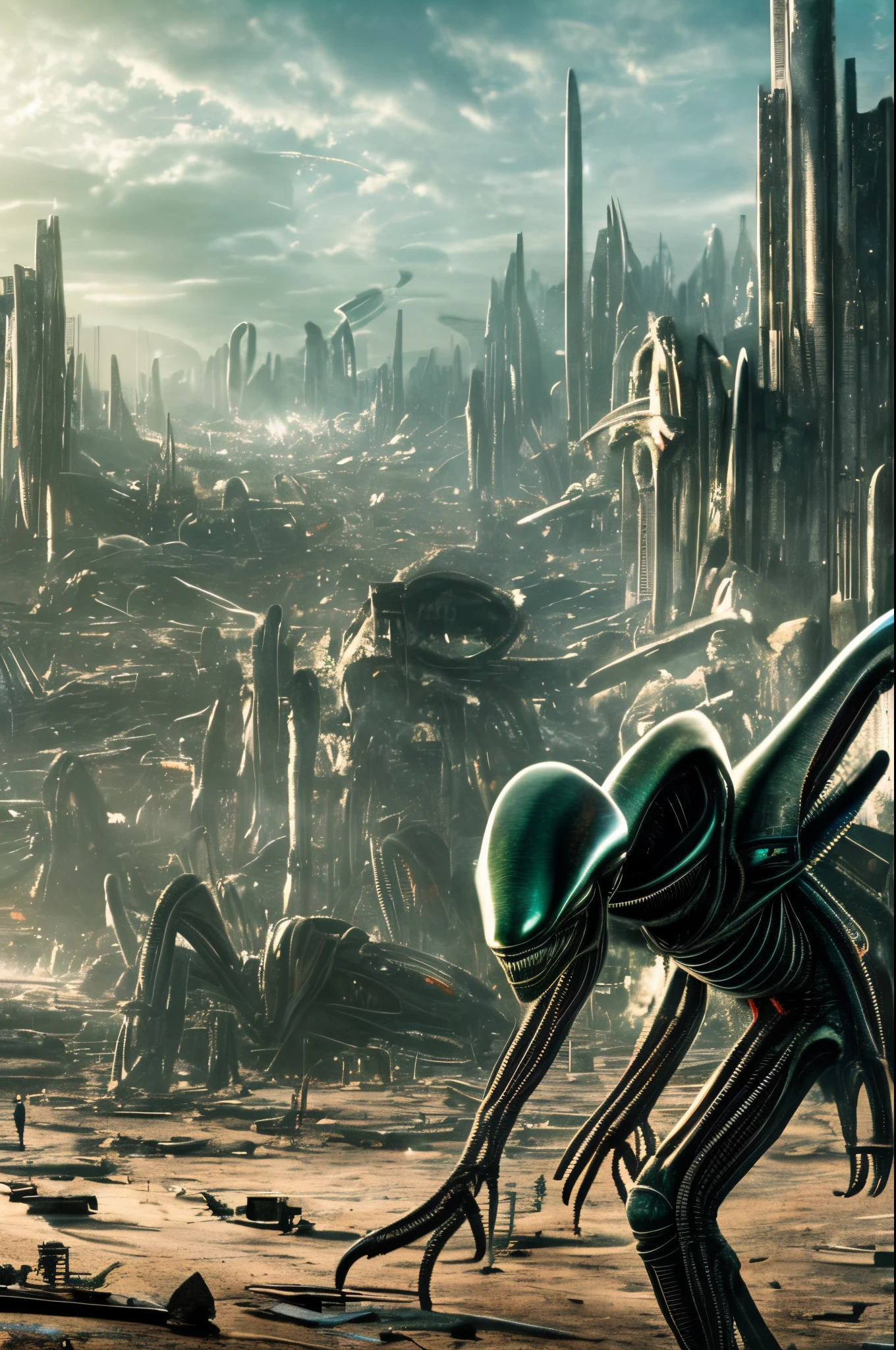 A highly detailed and technologically advanced alien monster in a post-apocalyptic cityscape, houses in ruins, in the distance six alien monsters are destroying the houses. Another dimension, the creator of the universe,Walking on empty streets, Around ancient strong magic, 8K photo quality, intricate details, depth of field,