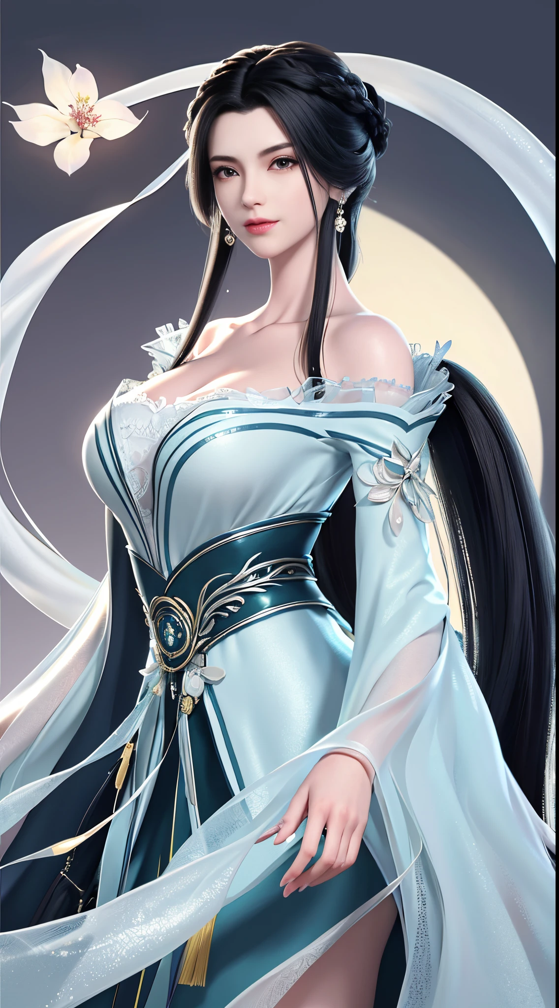 (Best quality,tmasterpiece:1.2),超高分辨率,realistically,Frontlighting,Complicated details,Exquisitedetailsandtextures,1个Giant Breast Girl,独奏,(年轻),face highlight,upper part of body,detailface,tear-mole,white skinned,,pony tails,pigtails,looking at viewert,largeeyes,Silk robes,(Openwork pattern,white colors,silk dress),ear nipple ring,smallunderboob,Slim figure,Deluxe Room,profesional lighting,photon maping,Radio City,physically-based renderingt,