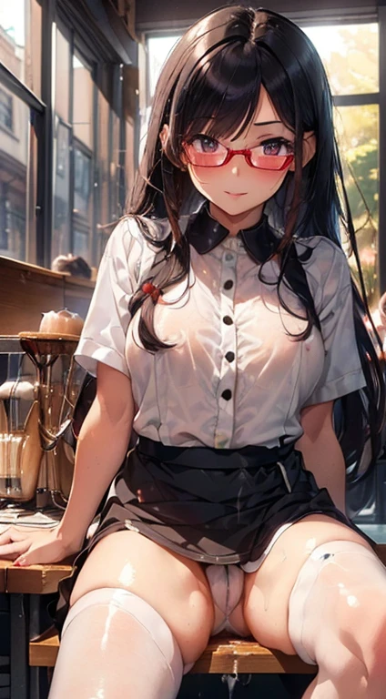 (1girl), (( Sitting on a desk , spreading her legs open:1.8 )), (( from below angle :1.6)), (dripping milk and syrup:1.6), looking at viewer, Perfect style,super gigantic huge breast, super gigantic plump butt, beautiful slim curve, (super beautiful tighs:1.5), beautiful face, accurate, anatomically correct, highly detailed face and skin texture, detailed eyes, blue eyes, double eyelids, thin eyebrows, glitter eyeliner: 1.2, blushed cheeks, round face, glossy skin, fair skin: 1.2, (glossy lips: 1.4), (heart shaped pupils) , smiling full of compassion ,, innocent and Cute girl, BREAK first-person-view, ((Wearing , costume of barista :1.6)), ( it consists of stylish cafe apron, white blouse, full length pants ) , ((( glossy black hair with vivid red sidecolors:1.5 ))), (( beautiful extra long hair, straight:1.6)), (glossy accessories:1.5), (Glasses that give an intellectual impression:1.6), BREAK (Full body shot: 1.2), (focus on her tighs), ((( at a cafe , gentle sunlit: 1.6)), (very comfortable atomosphere:1.6), top quality, (Masterpiece: 1.3), (Maximum resolution: 1.2), (Ultra HDTV: 1.2), Cinema light, Ultra HDTV, (Detailed eyes and skin), (Detailed facial features), HDR, 8k resolution, Sharp Focus: 1.2,