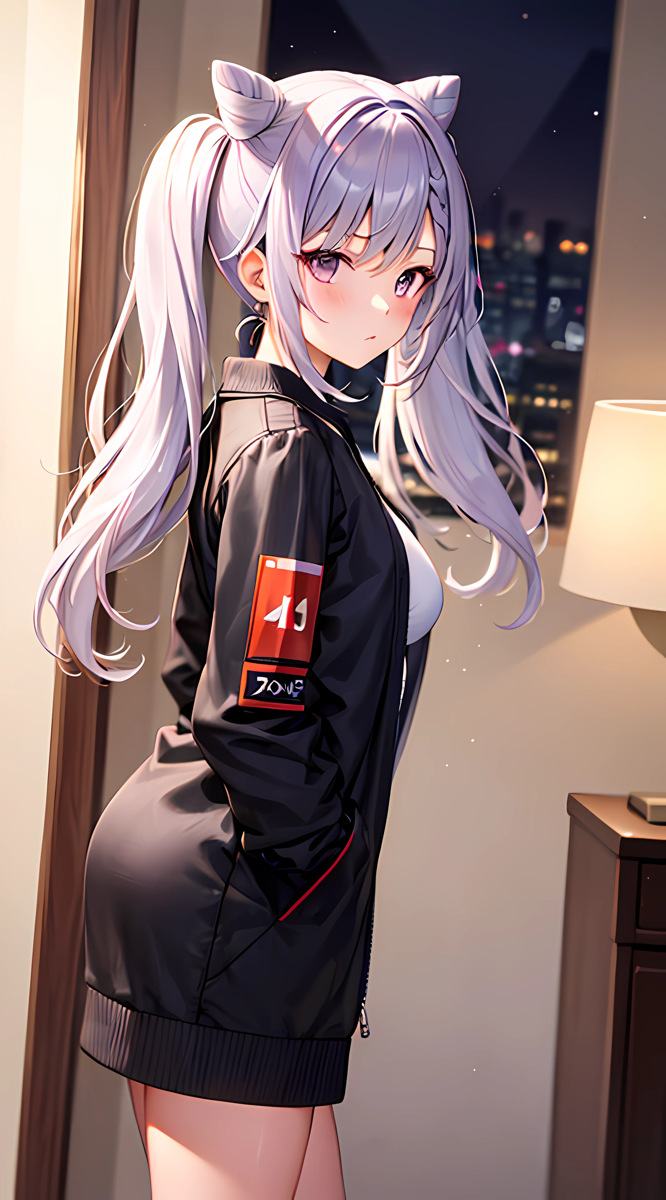 masterpiece, super detail, 8k, UHD, first-person view, from side, 1girl, long_hair, white hair, purple_eyes, hair_bun, cone_hair_bun, twintails, bangs, double_bun, hair_ornament, braid, medium_breasts, black jacket, hands in pockets, hotel, night
