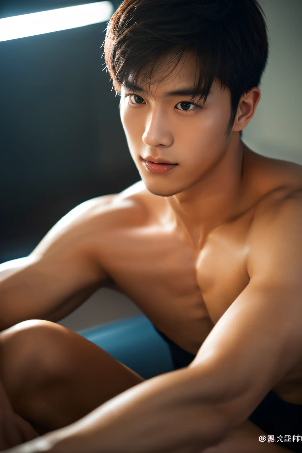a sexy Japanese male lifegouard in their 20s, High-res, masterpiece, best qualtiy, Head:1.3,((Hasselblad photograp)), Fine fine skin, Clear focus, (Cinematic lighting), during night, Gentle lighting, dynamic angle, [:(Detailed face:1.2):0.2],(((Exercise))), The arm muscles are very large, big bulge