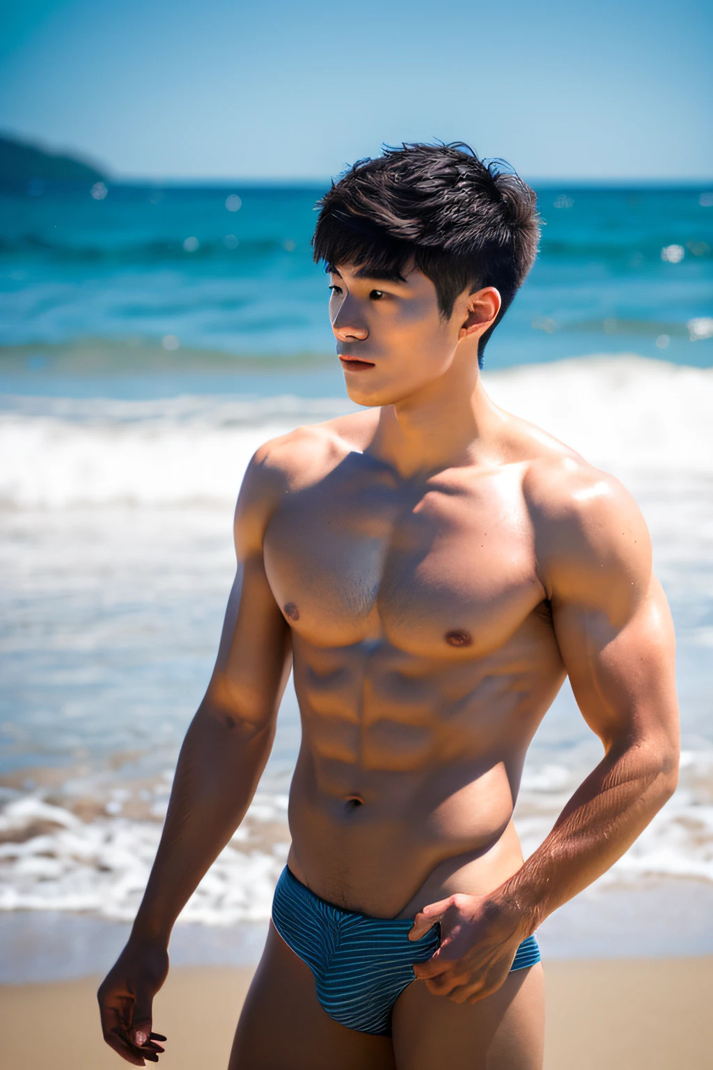 A handsome 20-year-old Japanese man，Toned body，Sharply defined，Be well-exercised，Protruding muscle striae，Full muscles，Healthy complexion，Confident posture，On the beach，full bodyesbian，gentlesoftlighting，tmasterpiece，best qualtiy，8K  UHD，digital DSLR camera，filmgrain，Fujifilm XT3 Realistic painting art