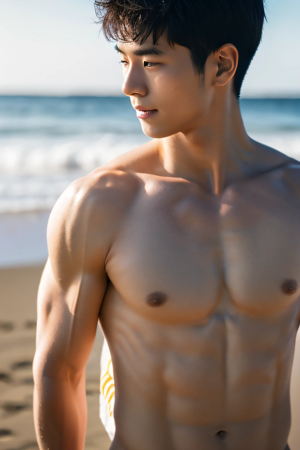 A handsome 20-year-old Japanese man,Toned body,Sharply defined,Be well-exercised,Protruding muscle striae,Full muscles,Healthy complexion,Confident posture,On the beach,full bodyesbian,gentlesoftlighting,tmasterpiece,best qualtiy,8K UHD,digital DSLR camera,filmgrain,Fujifilm XT3 Realistic painting art