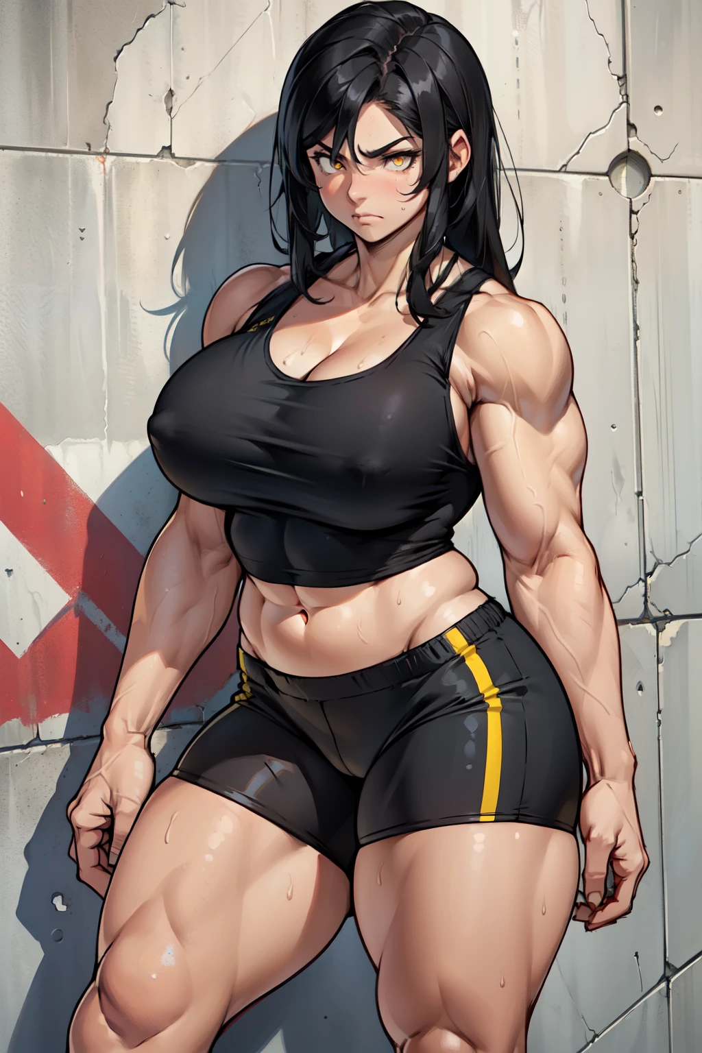 ((((((1girl)))))) ((((muscular)))) ((thick thighs huge breasts)) black hair yellow eyes solo angry pale skin sweaty concrete wall very long hair (tank top bike shorts) curvy wide hips bodybuilder