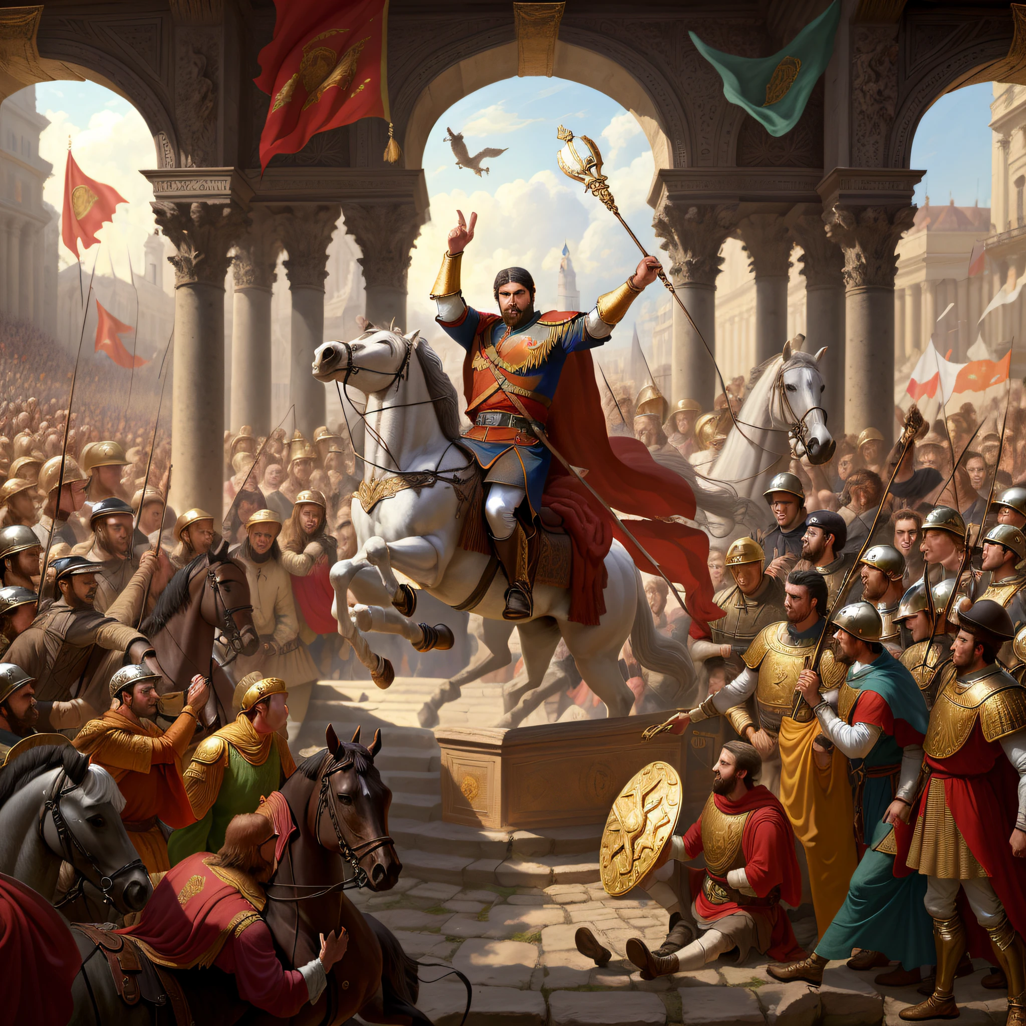 There is a picture of a man riding a horse in a crowd., Cesar Victorious, Roman Bezparkiv, by Artur Tarnowski, Fall of Constantinople, by Hristofor Žefarović, Roman Emperor, Luis Miranda, July Julie Kurovich, by Darek Zabrocki