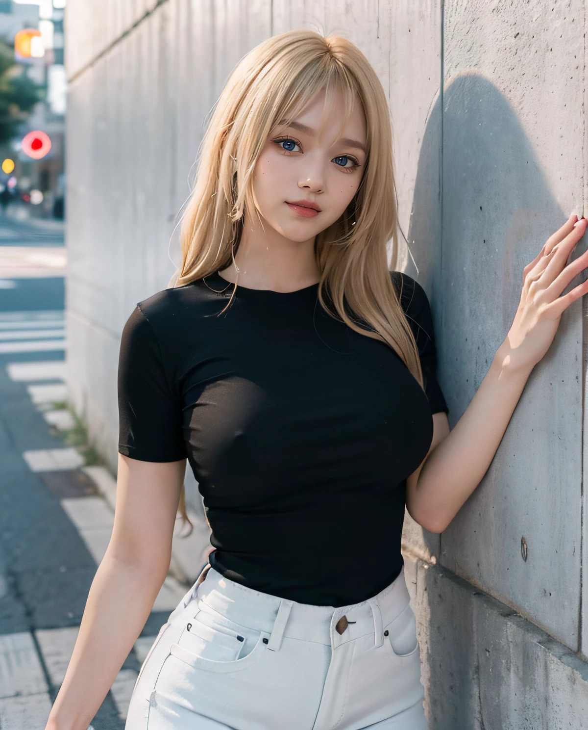 1girl, (Blue eyes), (Smile), (Sana Minatozaki), wide hips, Big Boobs, big ass, round butt, (Best Quality, 8k, Masterpiece: 1.3), perfect hands, Clear Focus: 1.2, Perfect Body Beauty: 1.4 , Slender Abs: 1.2, Highly detailed face and skin texture, detailed eyes, double eyelids, (blonde long bangs hair), (tight black t-shirt :1.3), (white jeans :1.2), standing, on a busy street in Tokyo, (leaning against the wall :1.3)
