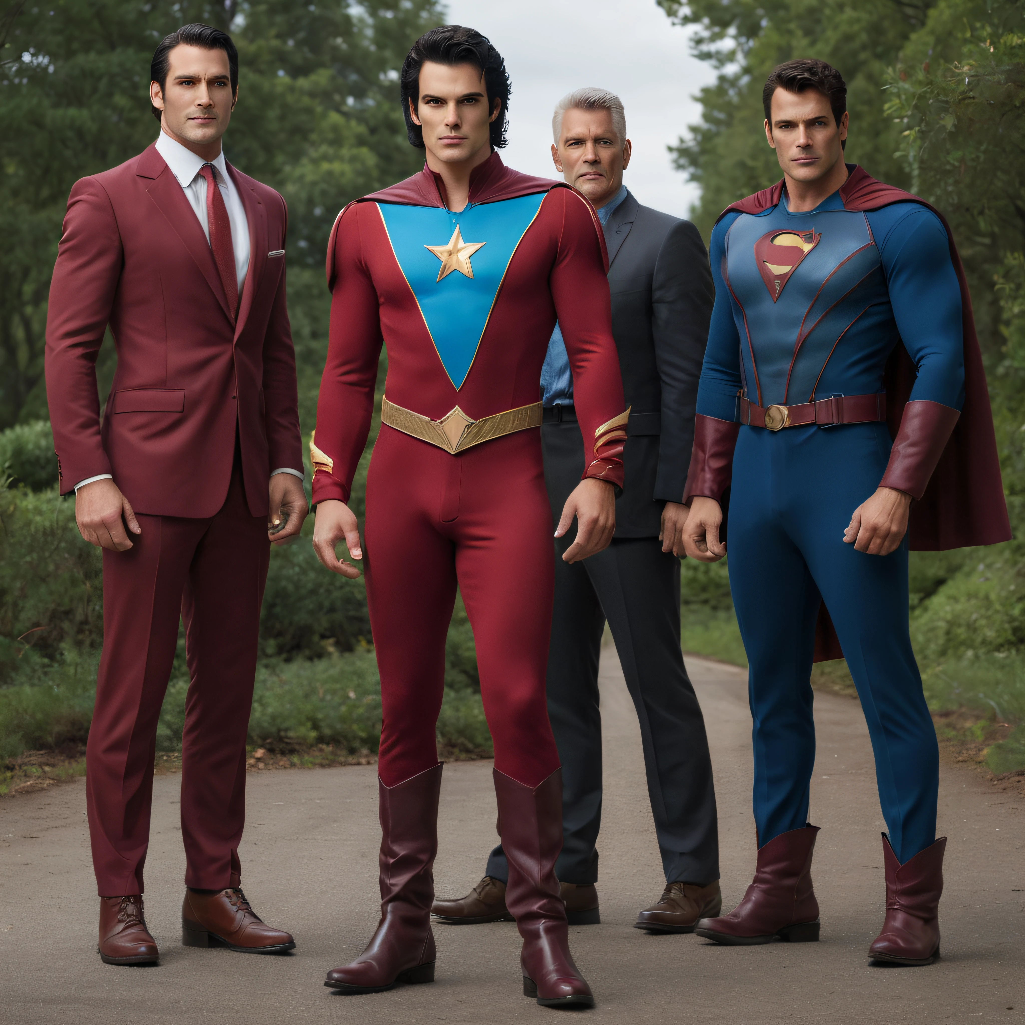 Full Body portrait, 18-year-old Paul Stanley/Elvis Presley/Tom Selleck/Henry Cavill/Keanu Reeves/Dolph Lundgren/Tyler Hoechlin/Jon Bernthal hybrid as Mr. Majestic, extra short, buzz-cut hair, bright blue eyes, wearing a Maroon Superhero suit with an "M" on the chest, red boots, red cape, oil painting in the art style of Gilbert Stuart, 32k, UHD, hyper realistic, Photorealistic, sharp, vibrant, extremely colorful, highly detailed, professional quality, beautiful, awesome, majestic, superb, trending on artstation