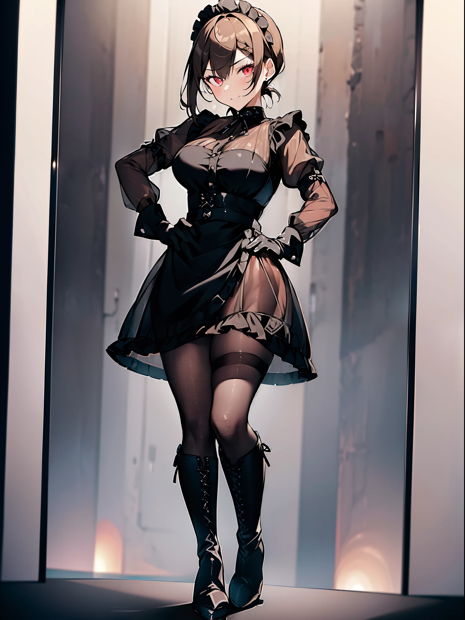 1girl, medium breasts, dress, mesh dress, side ponytail, short hair,  black dress, layered dress, ((light brown hair)), red eyes, ((((gloves)))), gothic ta, mature female, ((pantyhose)), layered dress, ((maid)), ((((see-through)))),solo, (((hand on hip))), ((((playing with hair)))), (evil smile),(((long sleeves))),((hand in hair)),(((juliet_sleeves))),((((full body)))), (((heel boots))),((evil)),dark room,apron