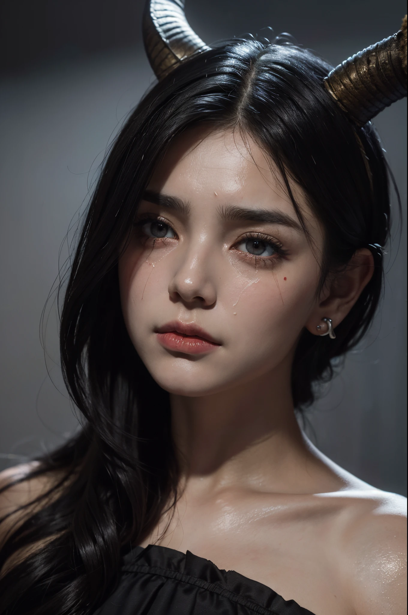 Best quality, masterpiece, ultra high res, (photorealistic:1.4), raw photo, 1girl, offshoulder, in the dark, deep shadow, low key, cold light
