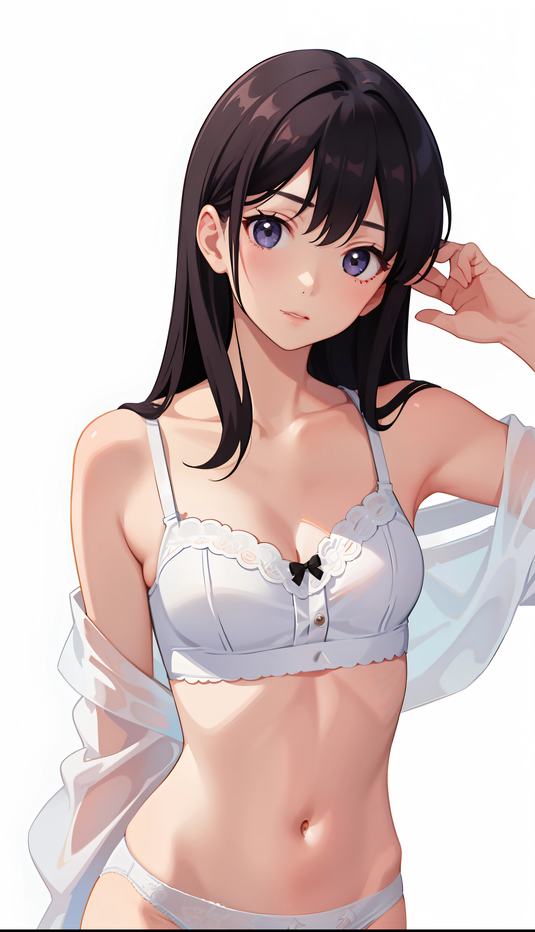 NSFW、In the best quality、 girl standing in a room。In high resolution、Beautiful details、Quiet atmosphere。Black hair ponytail、Cute Smile.。Small breasts、Cute pink bra、Wearing cute pink panties。