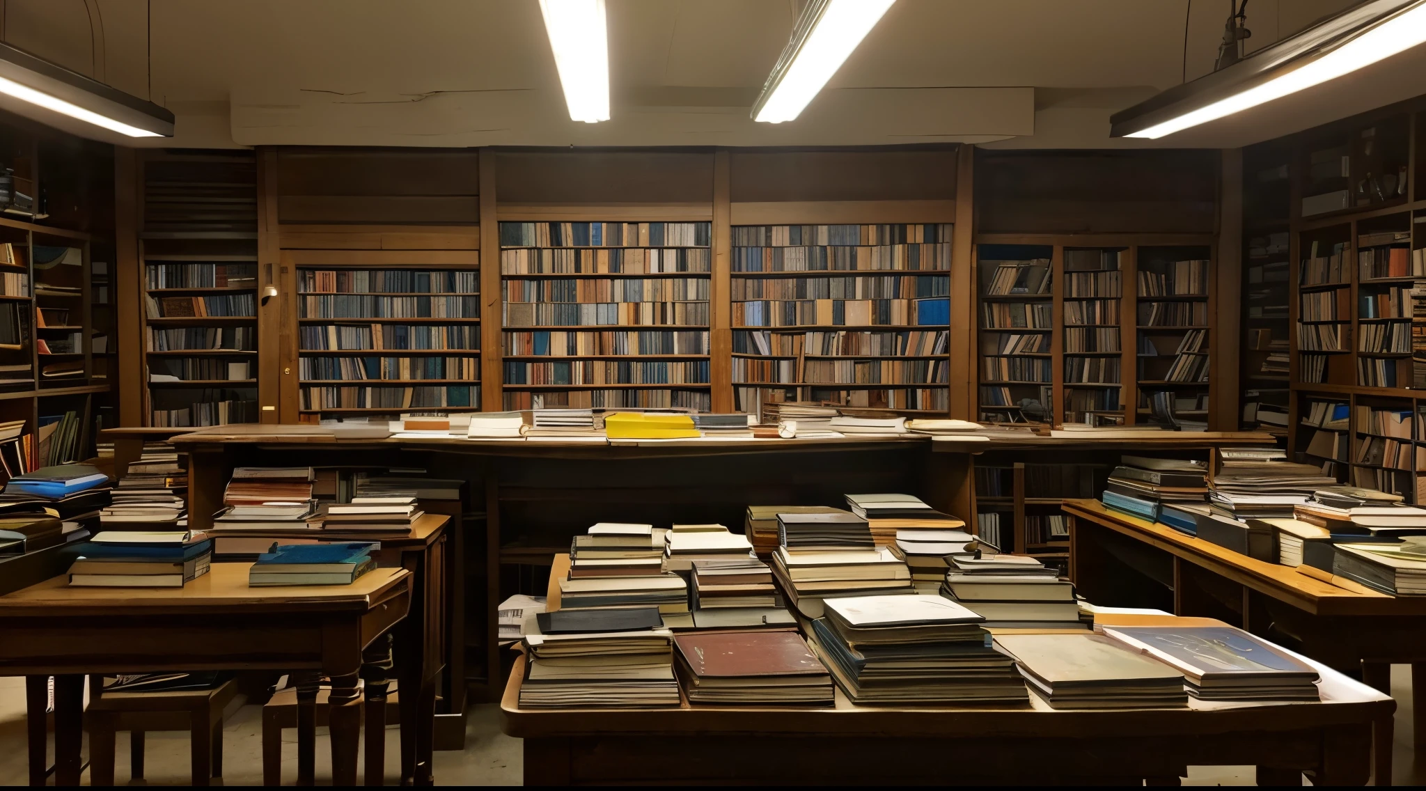 bookcase　There are many books lined up　Table in the foreground　science tools　darkened room　Large table　map　exploration　underground room　from the front side　murky　The light source is electric light　Viewing light that does not let sunlight in