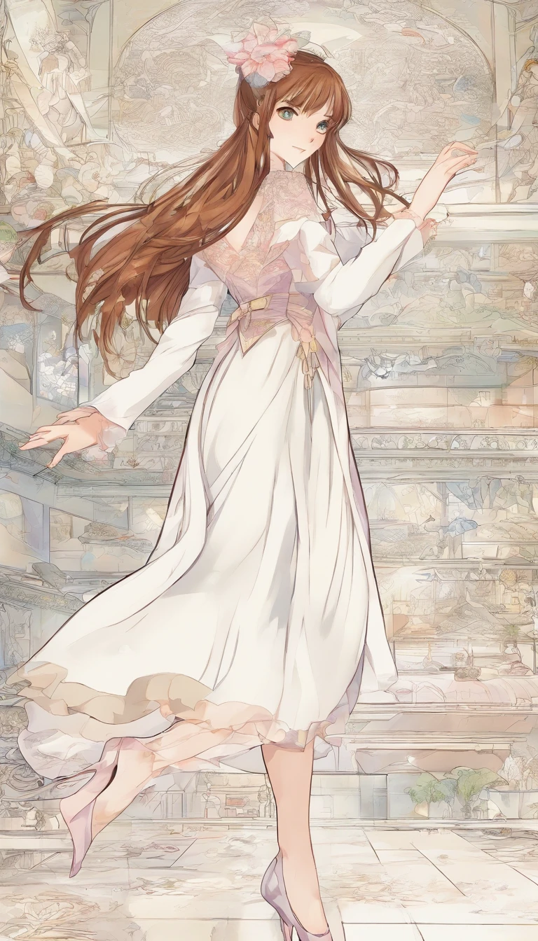 best qualtiy, tmasterpiece, 超A high resolution, realisticlying, 1 girl, long brown hair、green eyes eyes,Eotard in the bright white valley、(Ballet Set)Full-figured,black lence stockings,high-heels,Dance Ballet,Practice room,wide angles、Nisekoi