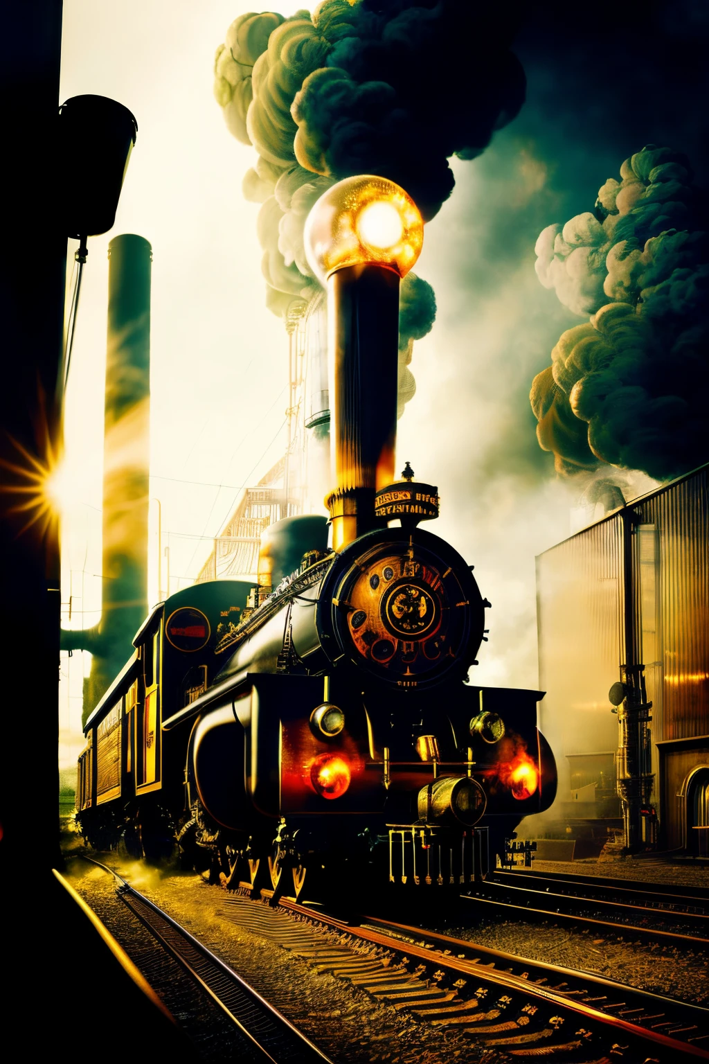 masterpiece, high resolution 
best quality, ultra detailed, photorealistic, 
train running in industrial area, steampunk, smoke and flame, 
an extremely delicate, 
depth of field, 
professional lighting,