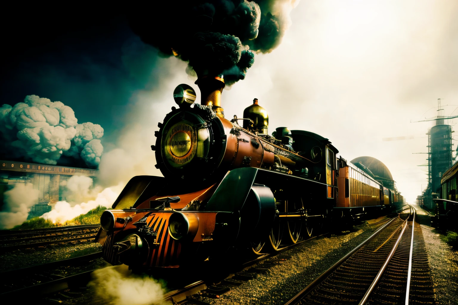 masterpiece, high resolution 
best quality, ultra detailed, photorealistic, 
train running in industrial area, steampunk, smoke and flame, 
an extremely delicate, 
depth of field, 
professional lighting,