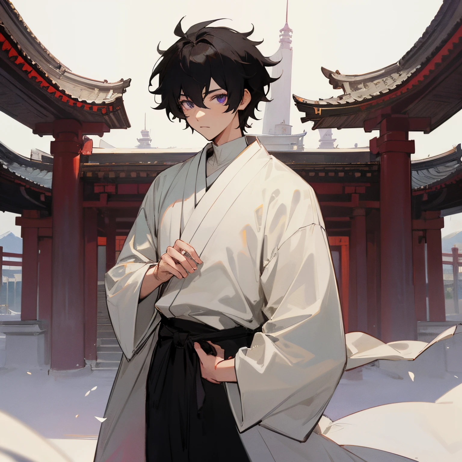 1male , black hair , purple eyes , messy hair , white Haori , ninja clothing , young boy , White Turtleneck , Temple Background , standing in white temple , Masterpiece Quality , Perfect Quality