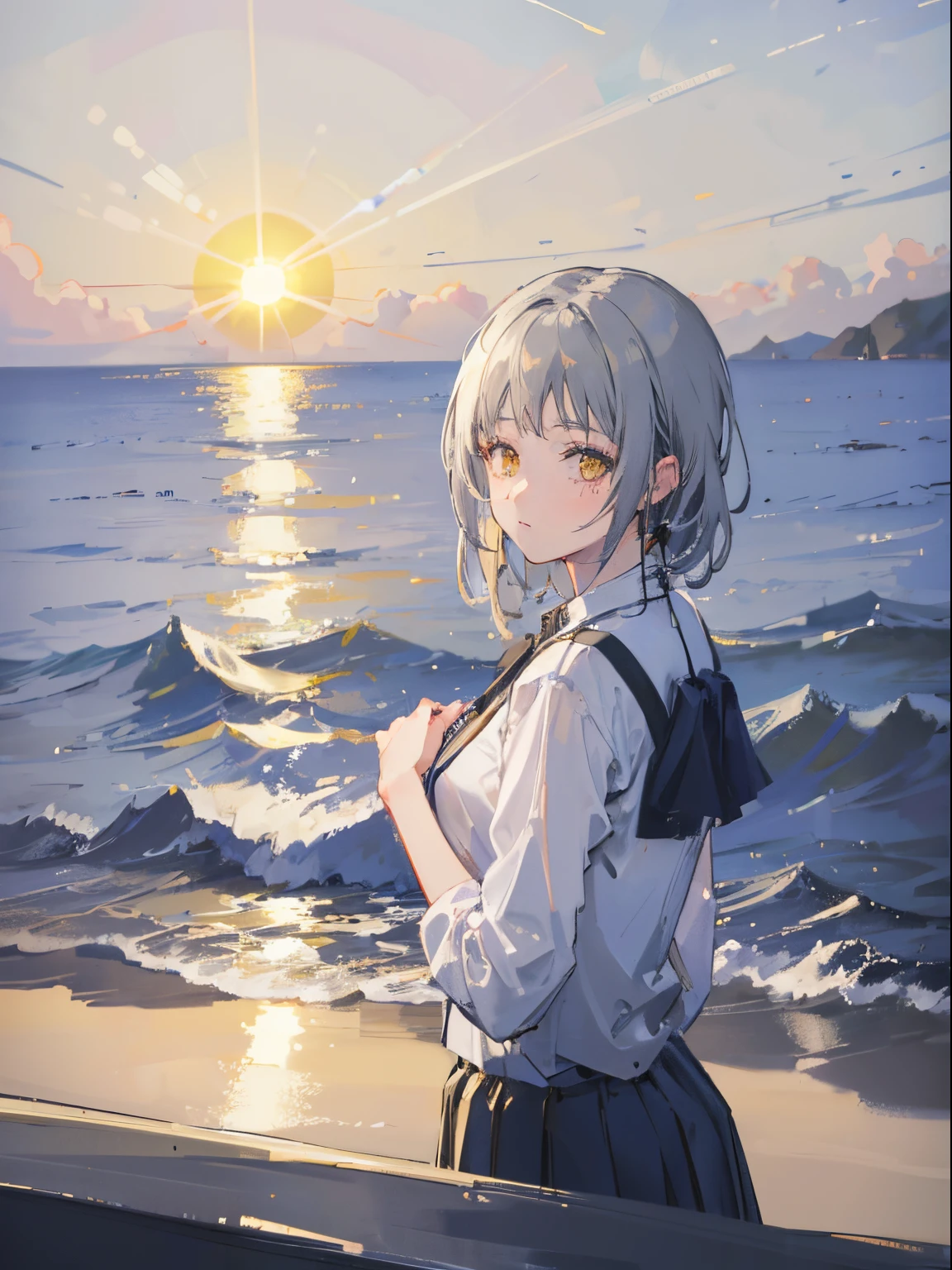 (top quality, best quality:1.2),(1girl:1.3), gray hair, yellow, sun, sea