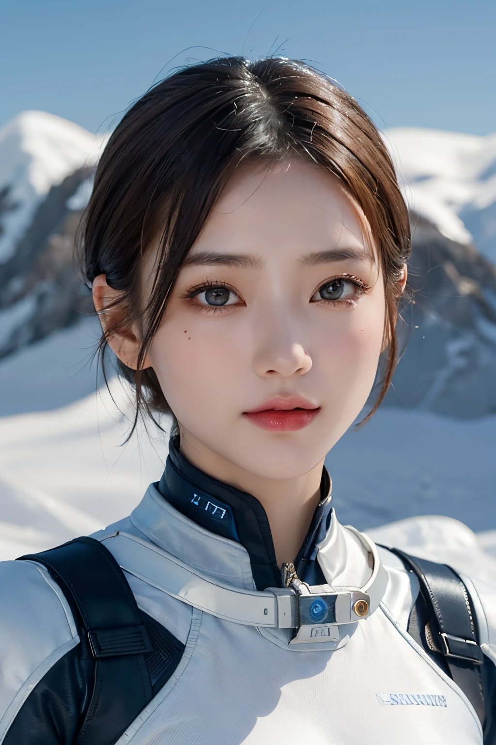 top-quality、​masterpiece、超A high resolution、(realisitic:1.4)、Beautuful Women１、Beautiful detail eyes and skin、ssmile、Light brown short-cut hair、The perfect spacesuit、spaceships、cosmic space、iced&Snow Planet、cloudy ash sky、