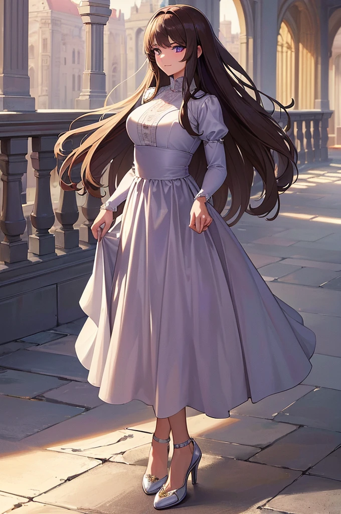 ((masterpiece)), ((best quality)), (ultra-detailed), ((extremely detailed)), 4K, (8K), best quality, (beautiful), walking, full body focus, castle, a pretty woman, solo, aristocratic costume, royalty, beautiful light brown hair, beautiful purple eyes, ((beautiful eyes)), long hair, triumphant look, smug look, self-satisfied look