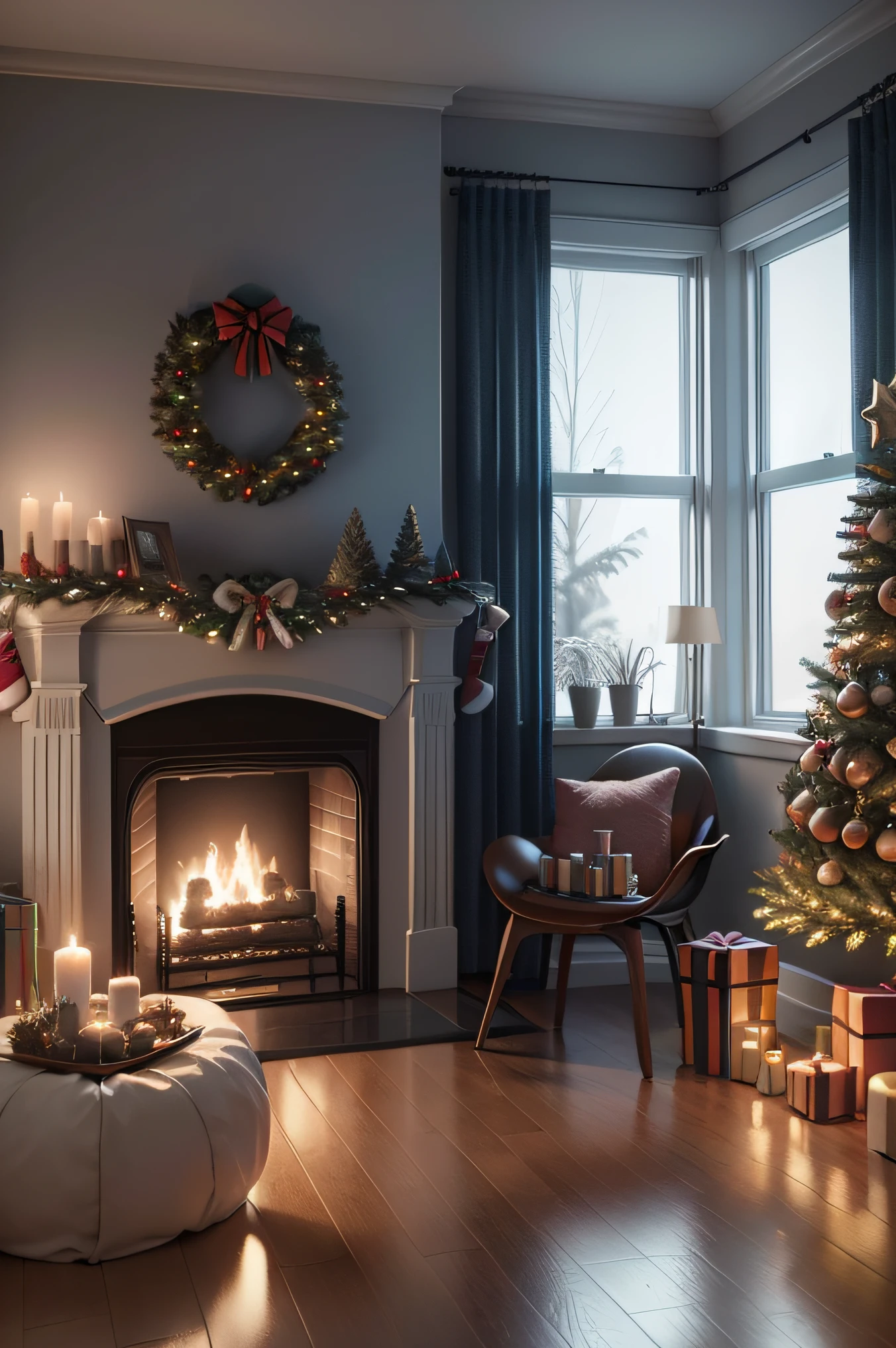 Vray movies are smooth, Unreal Engine 5 High Rendering, 3D rendering style，style of anime，Overhead light，In front of the windowsill，Positive point of view，Facing the window，Christmas background，Christmas tree decoration，christmas，Christmas tree, beside the fireplace，Blankets spread on the floor