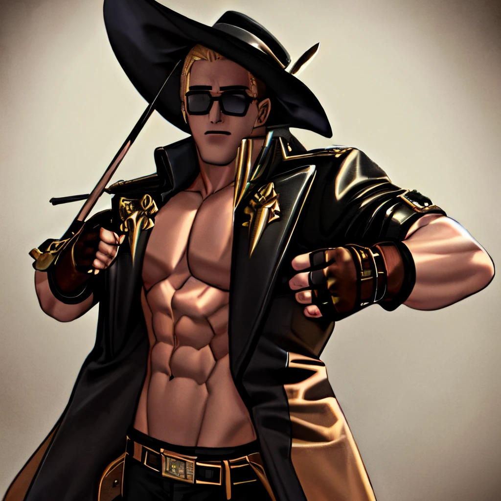 Highly detailed, High Quality, Masterpiece, HornyJail, (baseball bat:1.4), 1boy, solo, blonde, (coat:1.4), (sunglasses:1.4), (brown fingerless gloves:1.4), brimmed cowboy hat, (open clothes:1.4), pectorals, muscular, abs, ((hit on the head:1.3))