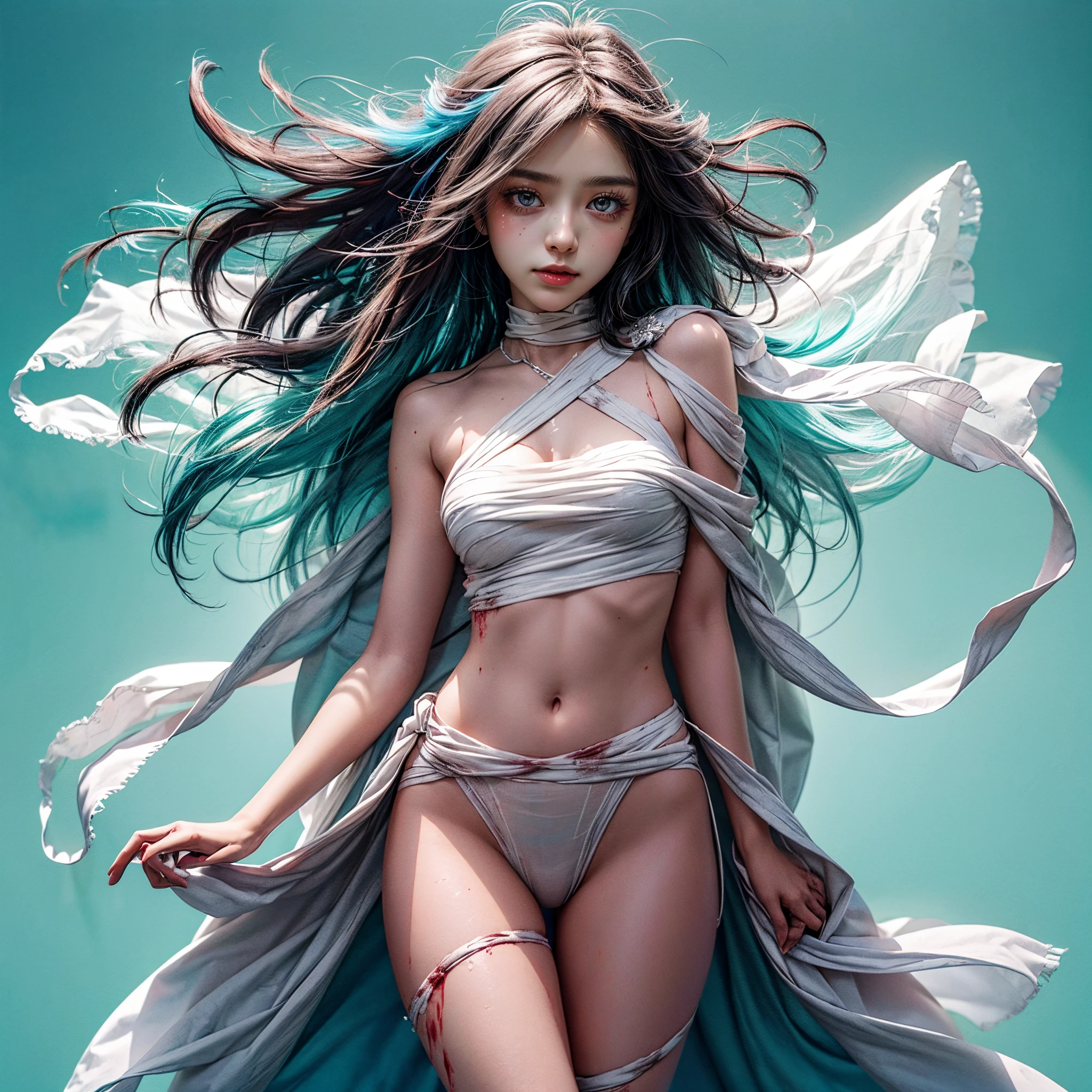 (White and vivid colors, back lighting), (sexy Japanese Tiny idol), ((face variations)), portrayed in the best quality and high resolution. The image should be ultra-detailed, realistic, and photorealistic with a touch of rawness. The lighting should be emphasized to bring out the details of the face. The medium can be a combination of photography and concept art. The color tone should be vibrant and vivid, enhancing the overall visual impact, { ((Detail of blood stained delicate open crotch)) | ((Menstrual blood overflowing from the crotch)) | ((There is blood only on the lower half of body)) } .