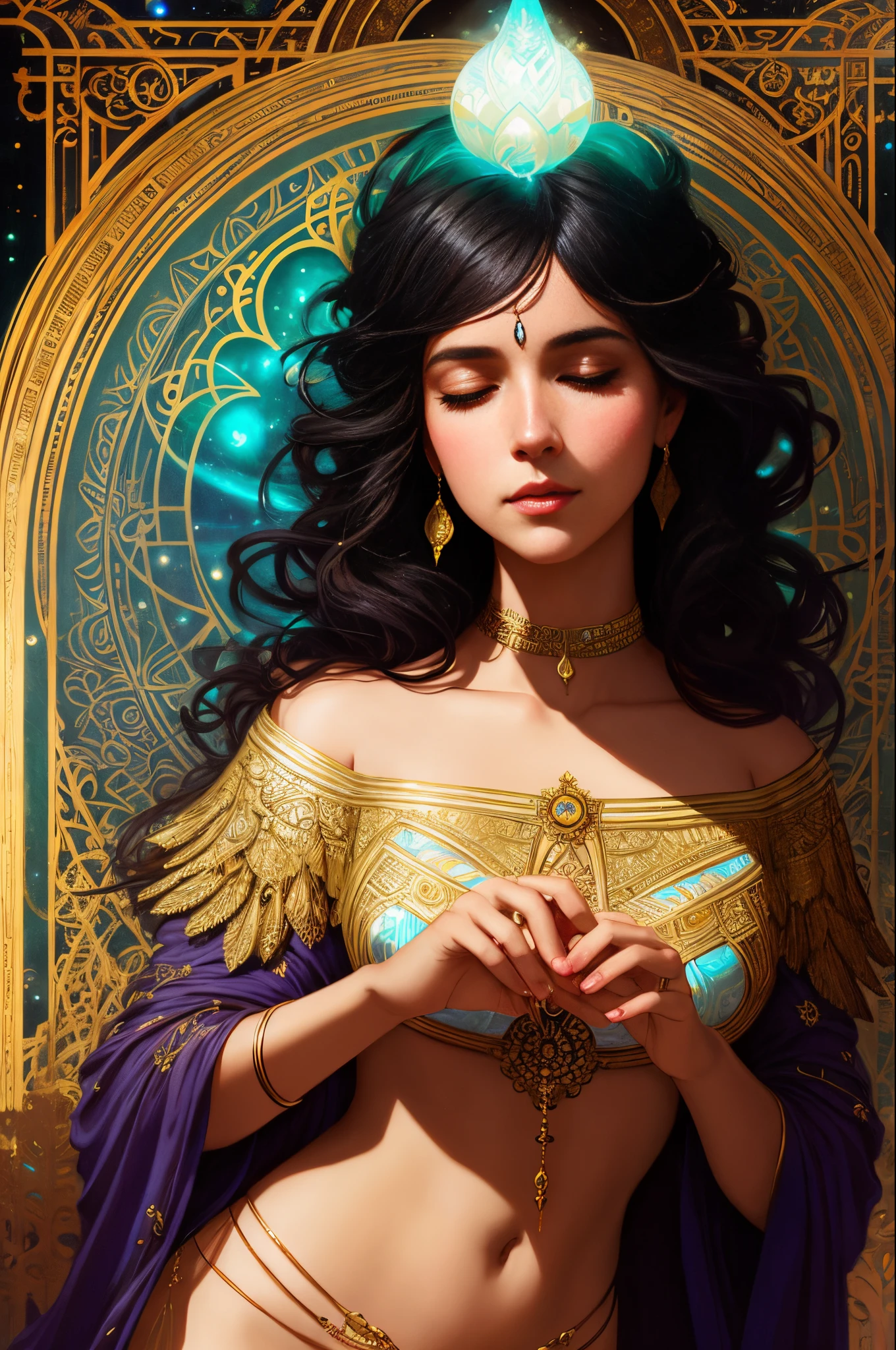 a beautiful latin woman, full body, looking at viewer, symmetric, eyes closed, slight smile, spirtual awakening, intricate details,
cosmic, ethereal, mystical, complicated environment, brush stokes, illuminating lights,
Greg Rutkowski, RHADS, Beeple, Makoto Shinkai, Lois van Baarle, Ilya Kuvshinov, Rossdraws, Tom Bagshaw, Alfonse Mucha,
masterpiece, ultra high res, high quality,