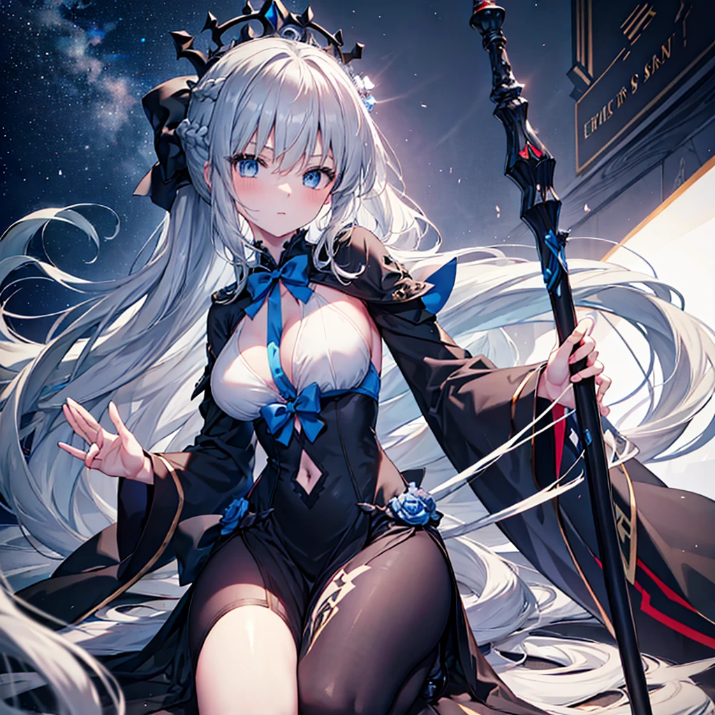 （Enrich the picture，Masterpiece level quality）Beautiful 8K CG artwork，morgan le fay (fate), blue eyes, Long Hair, pony tail,Very long hair, big boob, black bow, looking at viewer, gown, Hair Bow, thights, thights, black dress, Bangs, side locks, French braid, grey hair,Goddess-like posture,Kneeling exercise,Slim and soft,Translucent skin,(((solo))),