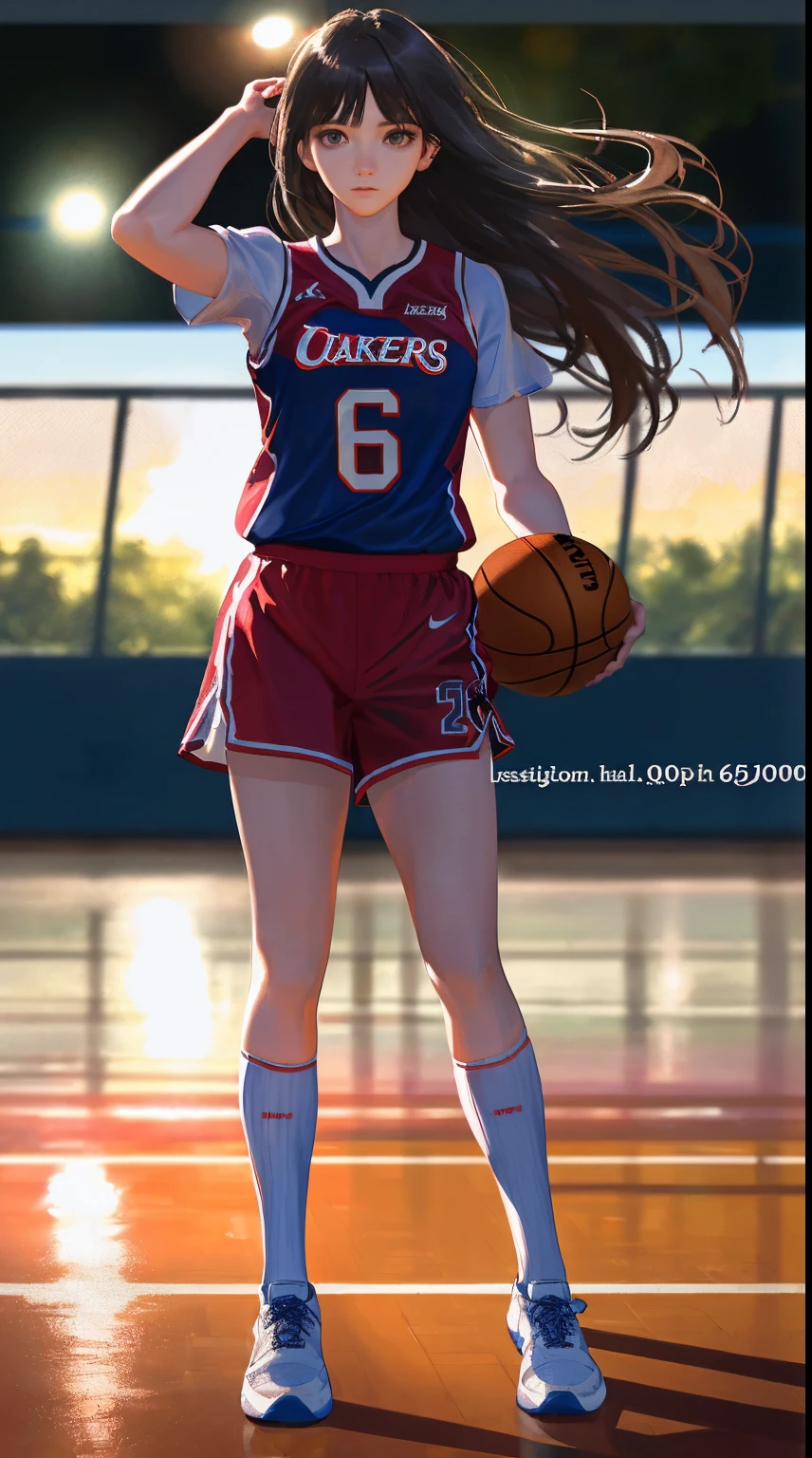 (8k, Best Quality, Masterpiece: 1.2), (Realistic, Realistic: 1.37), Ultra Detailed, Best Quality, Ultra High Resolution, Professional Lighting, Photon Mapping, Radiosity, Physically Based Rendering, Cinematic Lighting, Basketball court, depth of field, clear focus, sunlight, good composition, (bokeh: 1.2) 1girl, solo, (full body), (closed mouth), beautiful and detailed eyes, pose, narrow waist, basketball uniform, black hair , messy hair, long hair blowing in the wind, (ulzzang-6500:1.2) mix4, hiqcgbody