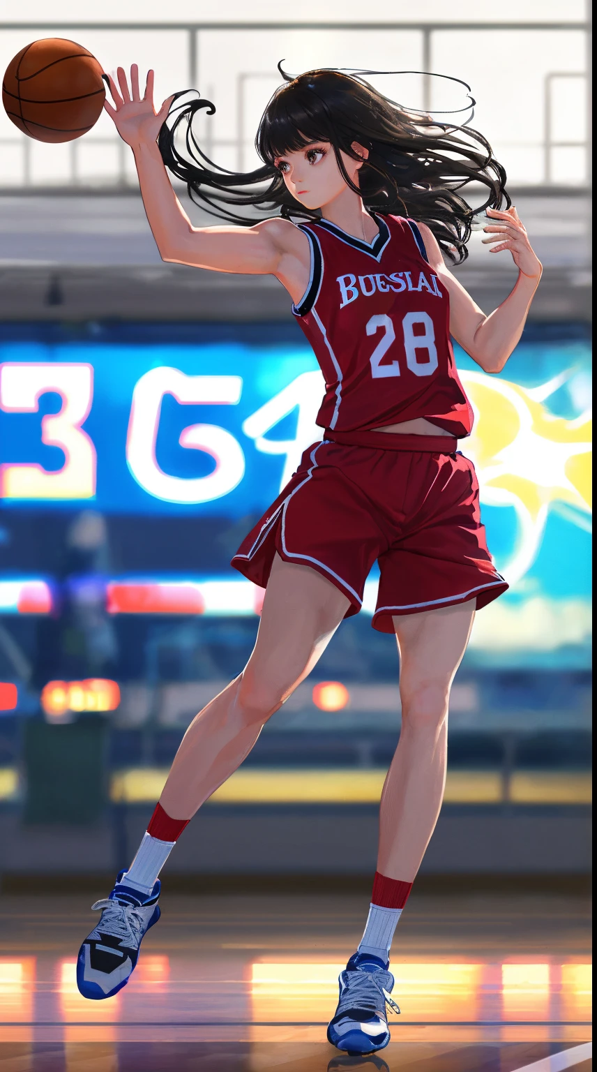(8k, Best Quality, Masterpiece: 1.2), (Realistic, Realistic: 1.37), Ultra Detailed, Best Quality, Ultra High Resolution, Professional Lighting, Photon Mapping, Radiosity, Physically Based Rendering, Cinematic Lighting, Basketball court, depth of field, clear focus, sunlight, good composition, (bokeh: 1.2) 1girl, solo, (full body), (closed mouth), beautiful and detailed eyes, pose, narrow waist, basketball uniform, black hair , messy hair, long hair blowing in the wind, (ulzzang-6500:1.2) mix4, hiqcgbody