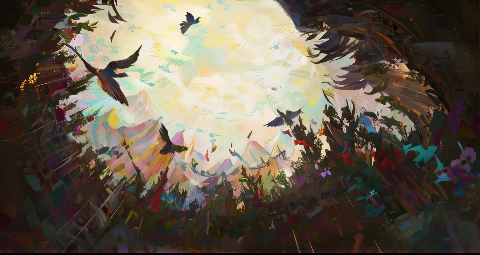 Painting of flying birds in the sky with sun as background, an abstract spiritual background, Phoenix flying in the sun, mystical birds, Huginn and muninn flying above,flocks of crows,  mountains surrounding，surrounded by cloud，(Eastern disaster world，Smoke background，dunhuang，flight，mountain water，Rock painting，)（q2 HD）（Dunhuang murals，Mingsha Mountain Crescent Bay，Flying）