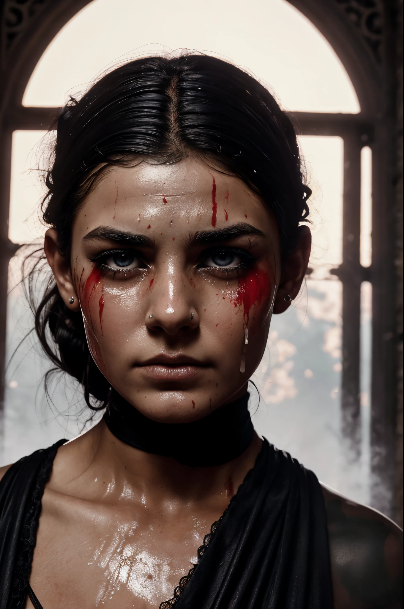 realistic epic, Woman crying with (goat horns 1. 2), sad look, deeply sad facial expression, red and swollen eyes, furrowed eyebrows, red nose, wet cheek, half-open mouth (blood tears 1. 2), (bloodstains on face 1. 4), (dark shot: 1. 4), black hair, beautiful detailed eyes and ears, dramatic lighting, painting style, Gothic art, black eyes, by French painter Alexandre Cabanel, oil painting, (realistic details), (poor peasant clothes 1. 2), veil, neckline, (bare shoulders), gothic lighting, old gothic cathedral background, dim lighting, gloomy