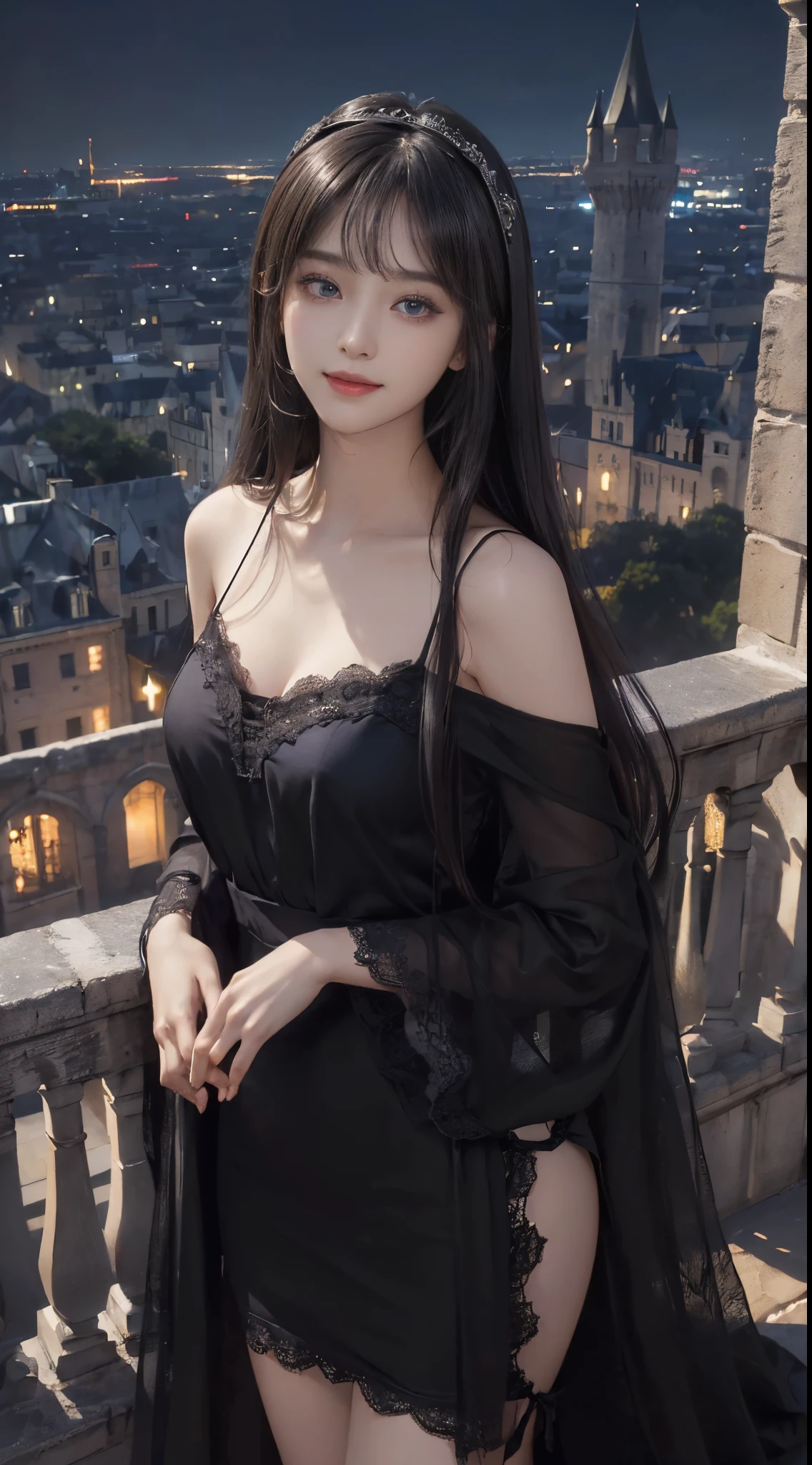 (Surreal)、(Lighting)、(A high resolution)、(8K)、(The content is very detailed)、(Best Best Illustration)、(beautidful eyes)、(top-quality)、(ultra - detailed)、(tmasterpiece)、(Wallpapers)、(A detailed face)、独奏、1 girl in、looking at viewert、Fine and detailed、A detailed face、In the darkness of the night、Depth shadows、low pitch、purebred face_v1、A smile、long、Black shawl straight hair、46 points oblique bangs, ((white lace dress、mini-skirts))(cropped shoulders)((Beautiful woman standing on the balcony of the castle))