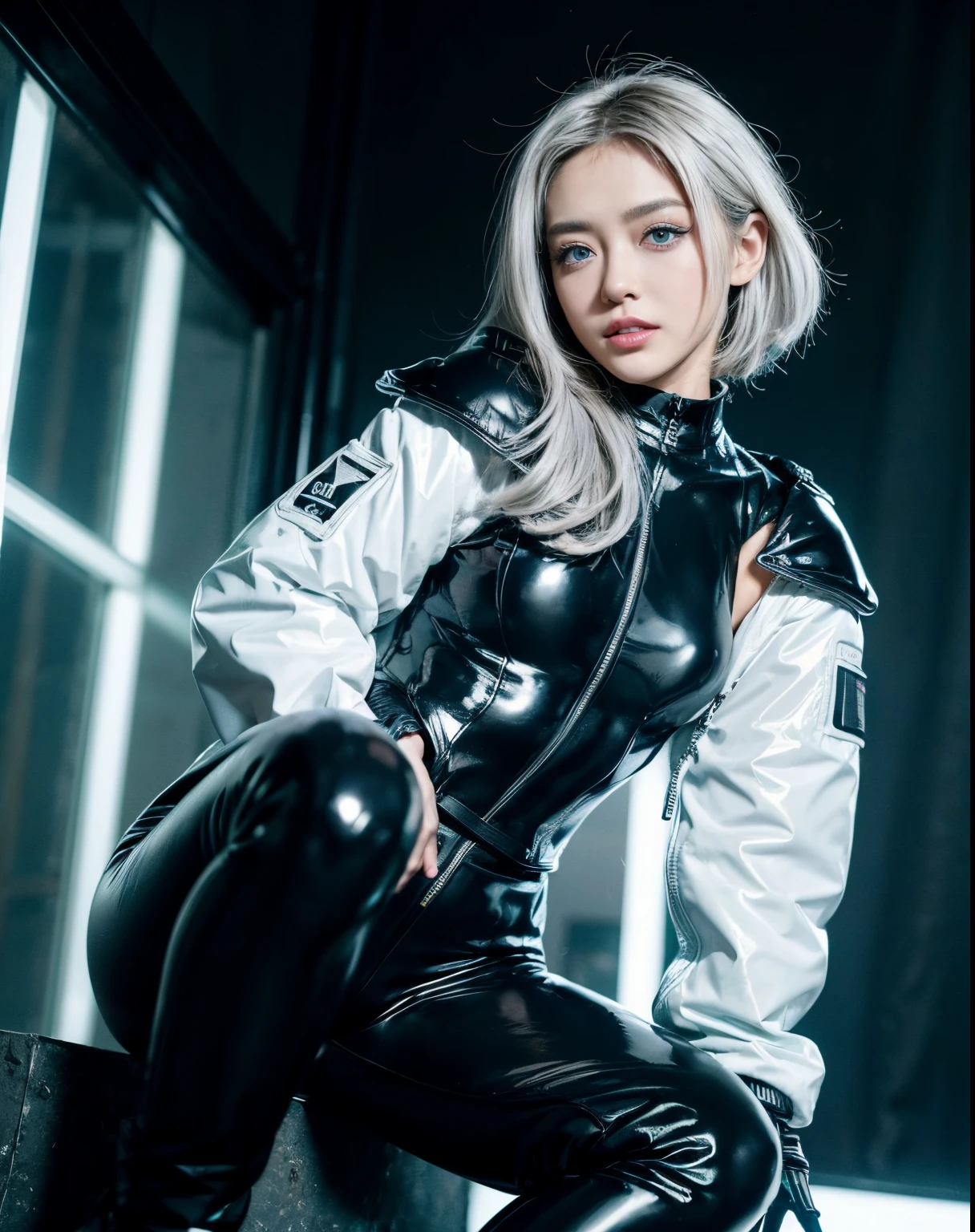 Masterpiece, 8K, award-winning photos, photorealistic, realistic, ultra detailed, ultra high definition, ray tracung, 
///human 
1girl, the most beautiful, 22 years old , no makeup, nude lip, small face, (gray hair:1.2), short hair, (blue eyes:1.4), (Double eyelid, droopy eyes), (smile, teeth), mole under eye, detailed eyes, sharp pupils, realistic pupils,
///human Detail 
Shiny skin, detailed skin, detailed face, beautiful teeth, 
/// face Detail
BREAK (light color large breasts:1.2), slender waist, toned thighs, toned arms, tan skin,
 ///pose Composition 
BREAK (Focus Face:1.4), sitting, (from below:1.2), look at viewer, White lightning, dramatic lightning,
///background 
BREAK (black theme:1.3), Inorganic concrete studio with window, Blury background, highly detailed background, ///fashion 
BREAK (black and White theme:1.4), (cyberpunk fashion:1.2), (wear a fluorescent White oversized open military-jacket over a black latex catsuit:1.4), (open jacket:1.3), (numerous tubes extend from a futuristic headset with parts that glow White light:1.3),
BREAK (glow White Geometric-pattern on black fullsuit:1.3), (Electronic circuit pattern that emit illumination light:1.3), ((Electronic circuit embedded, multilayer armor plates) with fluorescent yellow oversized open military-jacket:1.3), (black Harness:1.3), ((barcode, logo, text):1.2), (fluorescent White ski-boots:1.1), ((black military-gloves, knee pads):1.2),
///Quality of finishing 
ultra-realistic textures, raw photo,