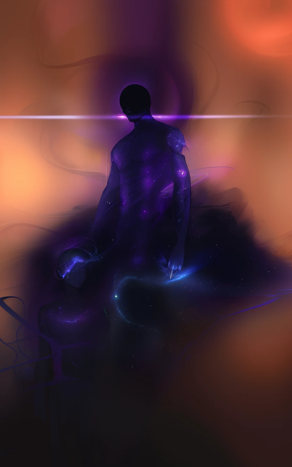 a man with glowing head and arms in front of a purple light, aura de nebulosa em torno do assunto, cosmic horror concept art, portrait of a cosmic entity, no plano astral ) ) ), Beeple e Jean Giraud, galactic dmt entity, astral appearance, strange portrait with galaxy, dark sci-fi art, aura negra brilhante, Galactic Entity