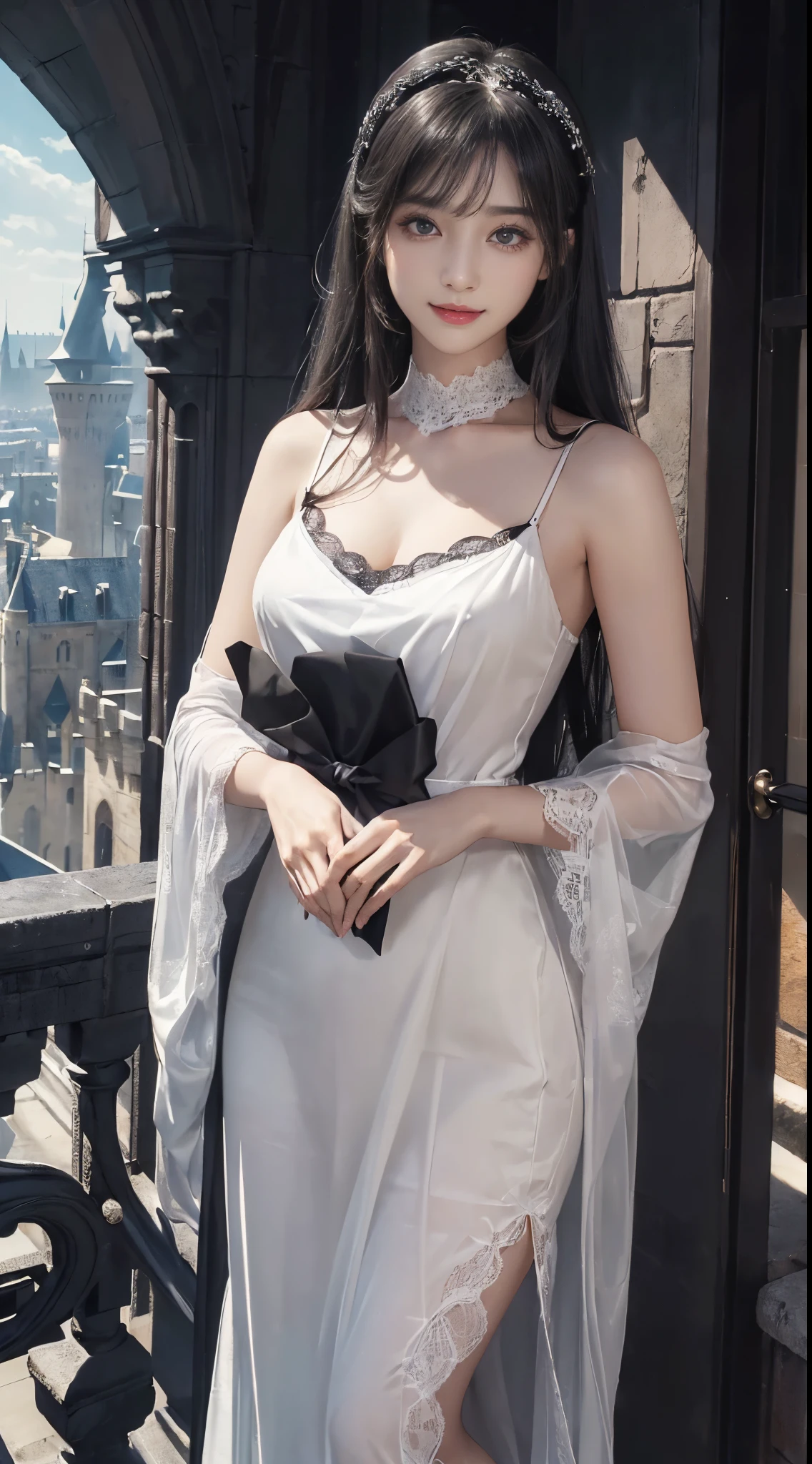 masterpiece, highest quality, Super detailed, Facing the camera, 複雑に詳細なSuper detailed, Realistic, Sharp features, Very detailed, Sharp focus, Perfect Face, Perfect Face, Perfect symmetrical perfect eyes, Perfect Plump Lips, Flexible female form, Cinematic, Film Light, Super detailed, hyper Realistic, masterpiece, Atmospheric, High resolution, Vibrant, Dynamic Studio Lighting, ((Dark Background)), The expression when enduring pleasure, Straight bangs, blue eyes,Cowboy Shot,Sexually aroused expression、A white off-the-shoulder wedding dress with a wide open back and a little bit of her buttocks showing、tiara、Buckshot