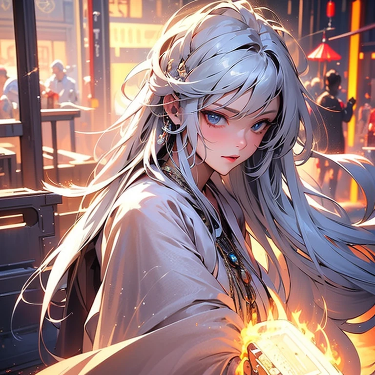 a handsome boy，Silver pendant，long  white hair，Dark blue eyes，tear-mole，Tall and tall，long leges，outdoor background，Control the golden flame，Clear facial features、Amazing facial features，ancient Chinese costume、Chinese cyberpunk，hair adornments，Ultra-complex design，Xiu Xian costume，period clothing，Amazing lighting，c4d，oc rendered，cinematic rim light，fine glow，tmasterpiece，super detailing，Epic work，hyper HD，high high quality，32K