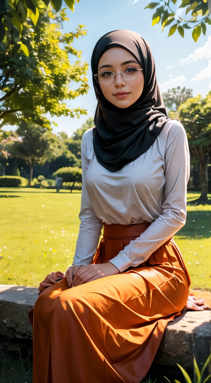 (A woman:1.5), indoneaian, (wearing long hijab closed breast:1.4, long sleeve clothes with maxi skirt, classical glasses), (elegant sitting pose:1.4) on grass field with colourful flowers, beautiful detailed eyes, grey blue eyes, beautiful face, peaceful smiles, voluptuous postures, low angle view, seen from below, (close up), sunlight streaming through the leaves, greeney tones, cheerful ambient, colorful atmosphere, vibrant colors, natural beauty, youthful energy