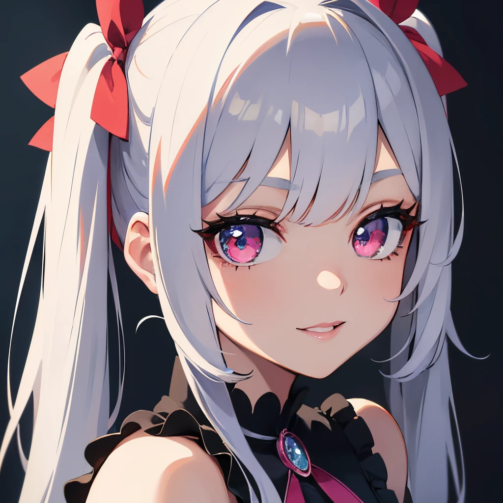 A smile,a beauty girl,beautidful eyes,Nasty eyes,Erotic look,animesque,head shot,close up of face,s lips,Glossy lips,Eyes Like Gems,long lashes,eyeshadows,lip stick,a junior high school student,frilld,bow ribbon,Camisole、（long silver twintail hair），kirakira，neon color，Incandescent effect