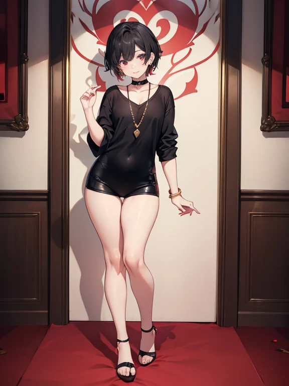 (masterpiece), best quality, perfect face, perfect anatomy, detailed light, curvy, boy, short black hair, red ruby eyes, choker, wide hips, happy, bangs, slim, mature body, full lips, flat chest, otoko no ko, wife, anime, using a gold wedding ring with a ruby on left hand, make up, pov, bare legs, nude, bedroom, red lipstick, 1.66, small foot, gold hoop earings, full body, standing, thick tighs, very short haircut, smiling, black platform high heels, standing, full body, black microshorts, black shirt, sfw,