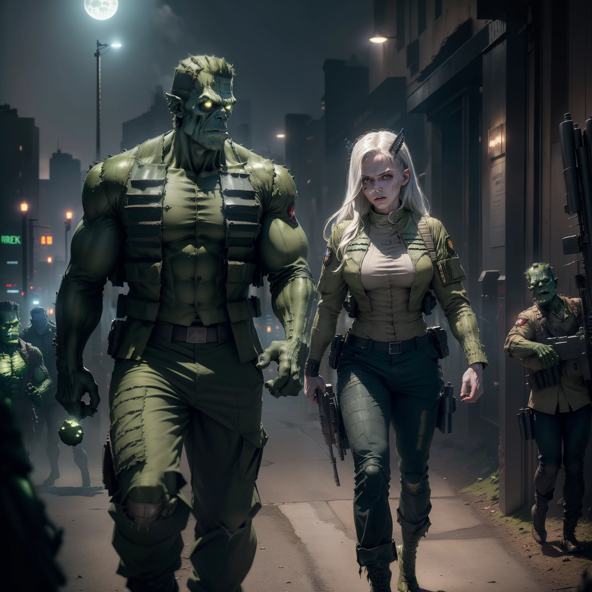(Masterpiece, Superb Quality, Super Delicate, High Resolution) (((Military flak jacket and pants))) (((Marvel's hulking frankenstein's Monster))) (((holding gatlin gun))) Pale skin, photo-realistic, octane render, unreal engine, ultra-realistic, (((marvel's pale skinned frankenstein's monster))) (((in the Dark City))), moon in the background, ultra-realistic, Masterpiece, octane render, unreal engine