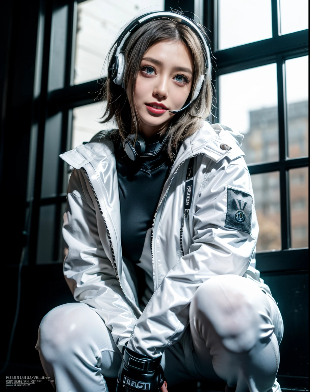 Masterpiece, 8K, award-winning photos, photorealistic, realistic, ultra detailed, ultra high definition, ray tracung,
///human
1girl, the most beautiful, 22 years old , no makeup, nude lip, small face, (gray hair:1.2), short hair, (blue eyes:1.4), (Double eyelid, droopy eyes), (smile, teeth), mole under eye, detailed eyes, sharp pupils, realistic pupils,
///human Detail
Shiny skin, detailed skin, detailed face, beautiful teeth,
///
BREAK (light color large breasts:1.2), slender waist, toned thighs, toned arms, tan skin,
///pose Composition
BREAK (Focus Face:1.4), sitting, (from below:1.2), look at viewer, White lightning, dramatic lightning,
///background
BREAK (black theme:1.3), Inorganic concrete studio with window, Blury background, highly detailed background, ///fashion
BREAK (black and White theme:1.4), (cyberpunk fashion:1.2), (wear a fluorescent White oversized open military-jacket over a black latex catsuit:1.4), (open jacket:1.3), (numerous tubes extend from a futuristic headset with parts that glow White light:1.3),
BREAK (glow White Geometric-pattern on black fullsuit:1.3), (Electronic circuit pattern that emit illumination light:1.3), ((Electronic circuit embedded, multilayer armor plates) with fluorescent yellow oversized open military-jacket:1.3), (black Harness:1.3), ((barcode, logo, text):1.2), (fluorescent White ski-boots:1.1), ((black military-gloves, knee pads):1.2),
///Quality of finishing
ultra-realistic textures, raw photo,
