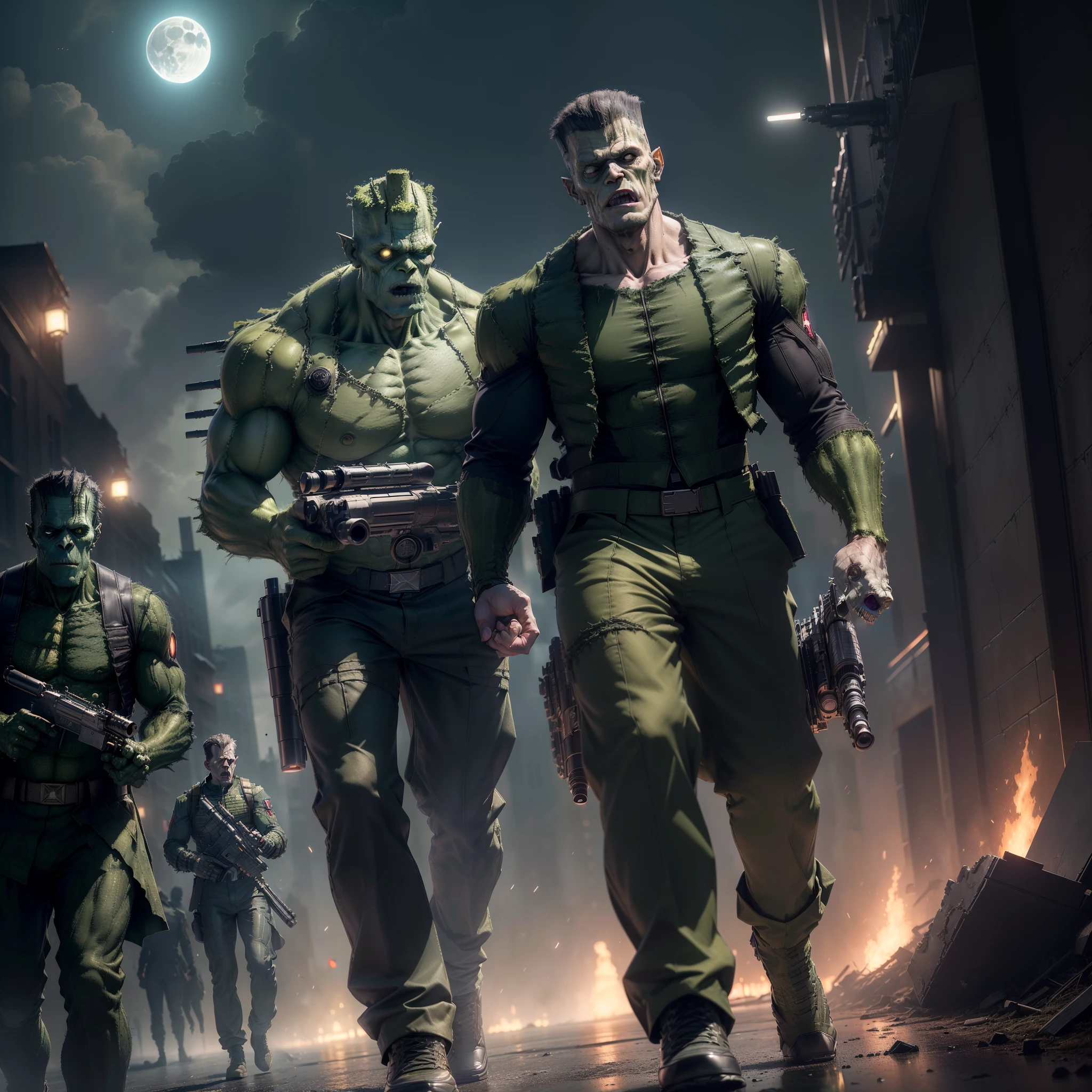 (Masterpiece, Superb Quality, Super Delicate, High Resolution) (((Military flak jacket and pants))) (((Marvel's hulking frankenstein's Monster))) (((holding gatlin gun))) Pale skin, photo-realistic, octane render, unreal engine, ultra-realistic, (((marvel's pale skinned frankenstein's monster))) (((in the Dark City))), moon in the background, ultra-realistic, Masterpiece, octane render, unreal engine