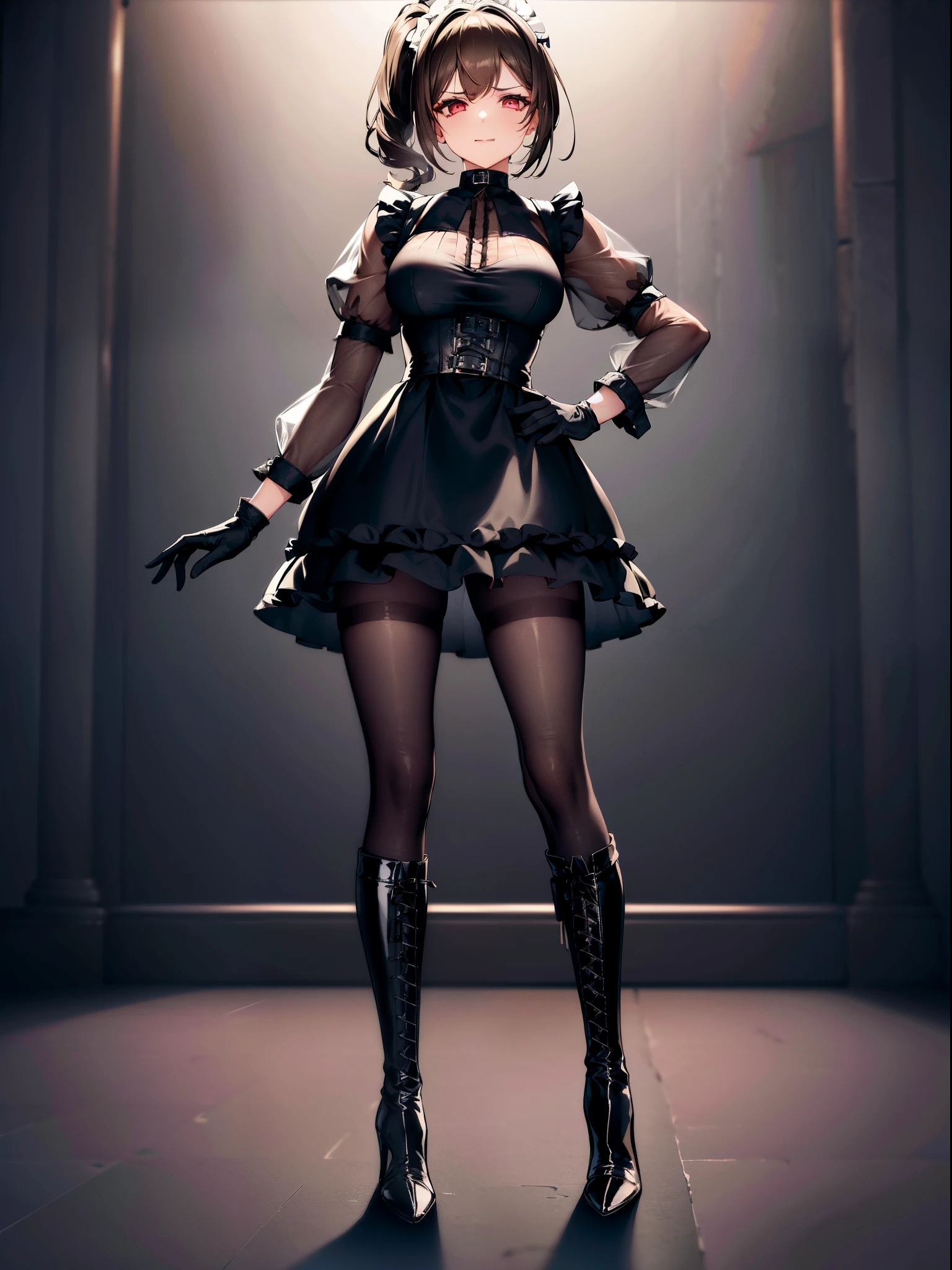 White hair, short bob hair, pinched eyes, thin legs, thin body, leather collar, maid outfit victorian, full body standing symmetrical, hands on , wide , view from below