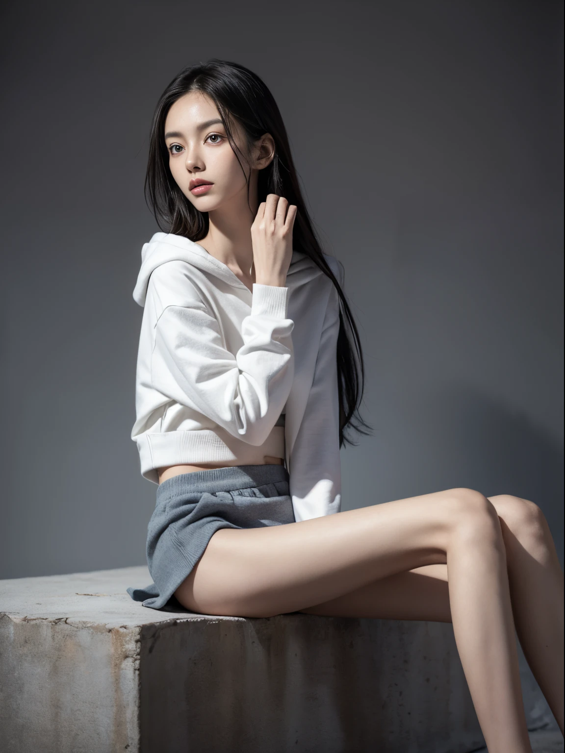 (Photorealistic),(Masterpiece),(ultra-detailed),a tall and very beautiful and extremely thin girl who is literally just skin and bones because of being severely malnourished and looks so fragile and delicate and has big eyes and very small head, sitting on a chair,she has very small and thin body frame and legs,wearing a crop hoodie and loose sweat shorts,trying to stay positive 