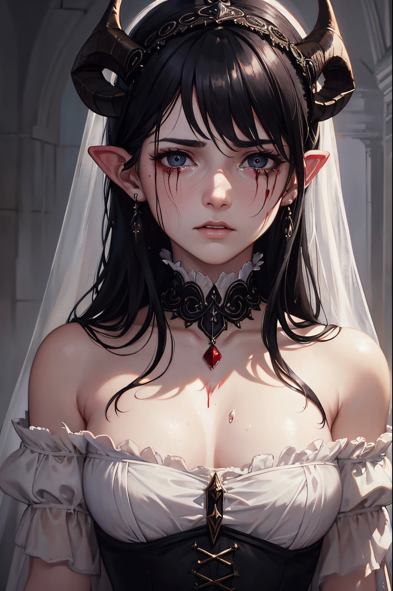 realistic epic, Woman crying with (goat horns 1. 2), sad look, deeply sad facial expression, red and swollen eyes, furrowed eyebrows, red nose, wet cheek, half-open mouth (blood tears 1. 2), (bloodstains on face 1. 4), (dark shot: 1. 4), black hair, beautiful detailed eyes and ears, dramatic lighting, painting style, Gothic art, black eyes, by French painter Alexandre Cabanel, oil painting, (realistic details), (poor peasant clothes 1. 2), veil, neckline, (bare shoulders), gothic lighting, old gothic cathedral background, dim lighting, gloomy